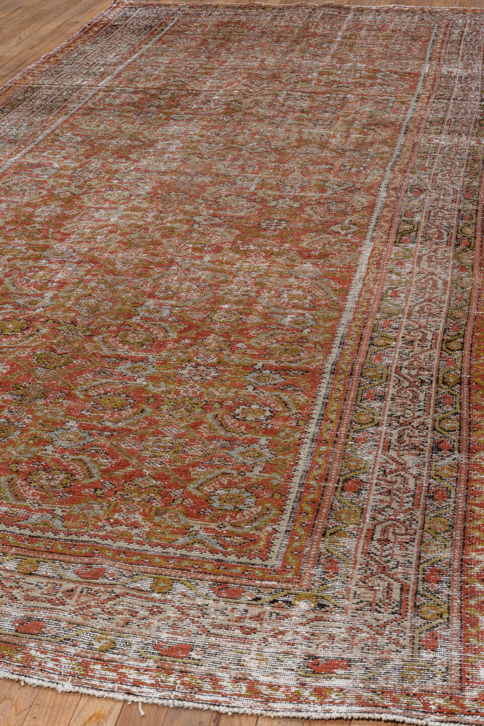 5' x 13' one-of-a-kind handmade vintage Malayer rug. Color palette: terra cotta, ivory, rust, sage, gold, taupe, brown