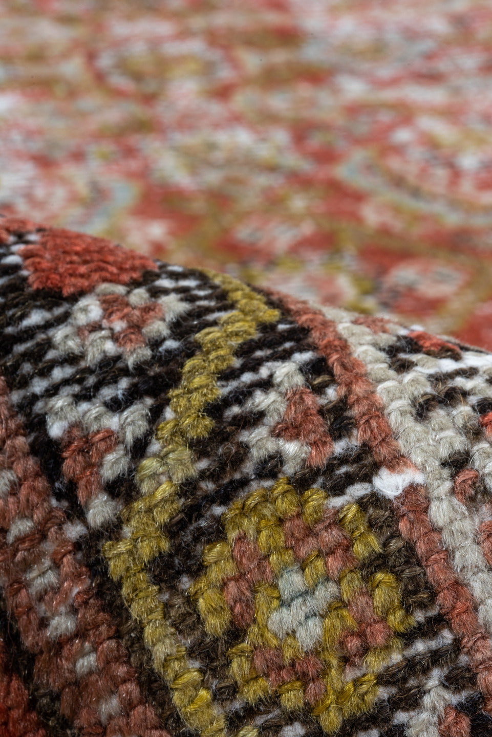 5' x 13' one-of-a-kind handmade vintage Malayer rug. Color palette: brown, gray, light gray, off-white, pink, redwood