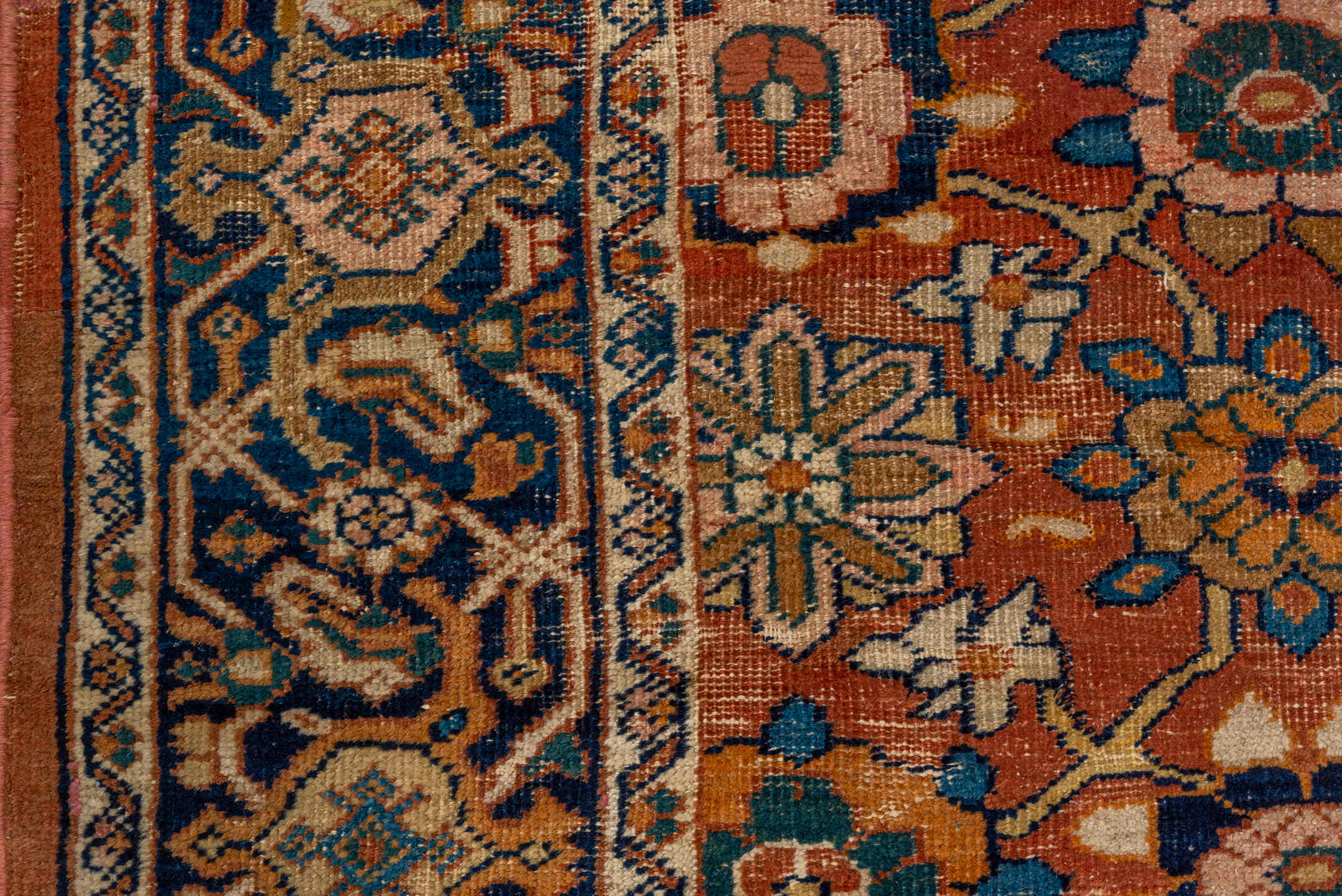 7' x 11' one-of-a-kind handmade vintage Mahal large size rug. Color palette: terra cotta, navy, ivory, sky blue, camel, gold