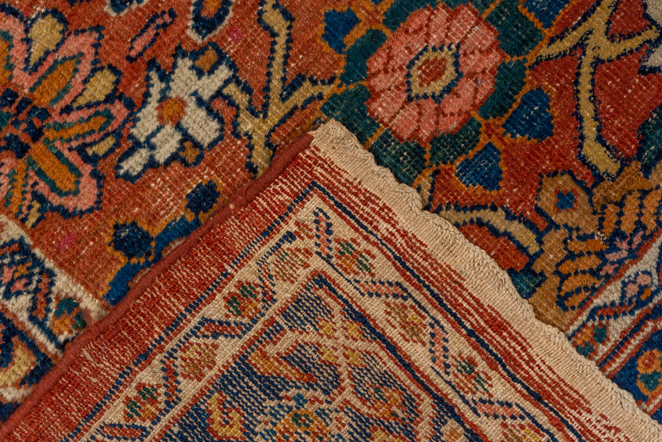 7' x 11' one-of-a-kind handmade vintage Mahal large size rug. Color palette: terra cotta, navy, ivory, sky blue, camel, gold