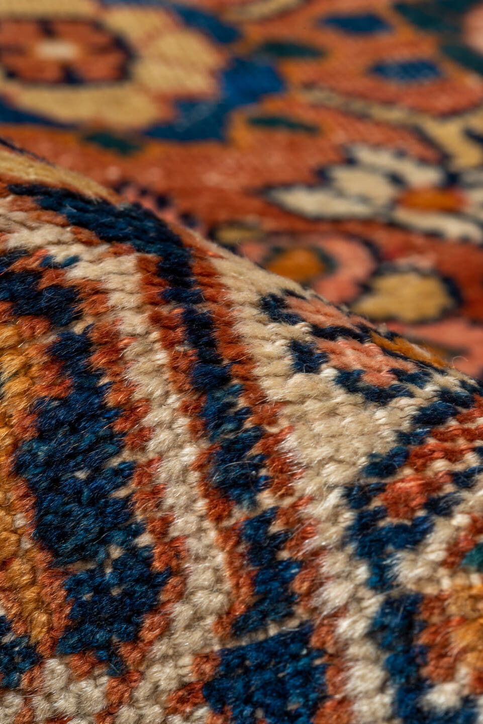 7' x 11' one-of-a-kind handmade vintage Mahal large size rug. Color palette: terra cotta, navy, ivory, sky blue, camel, gold