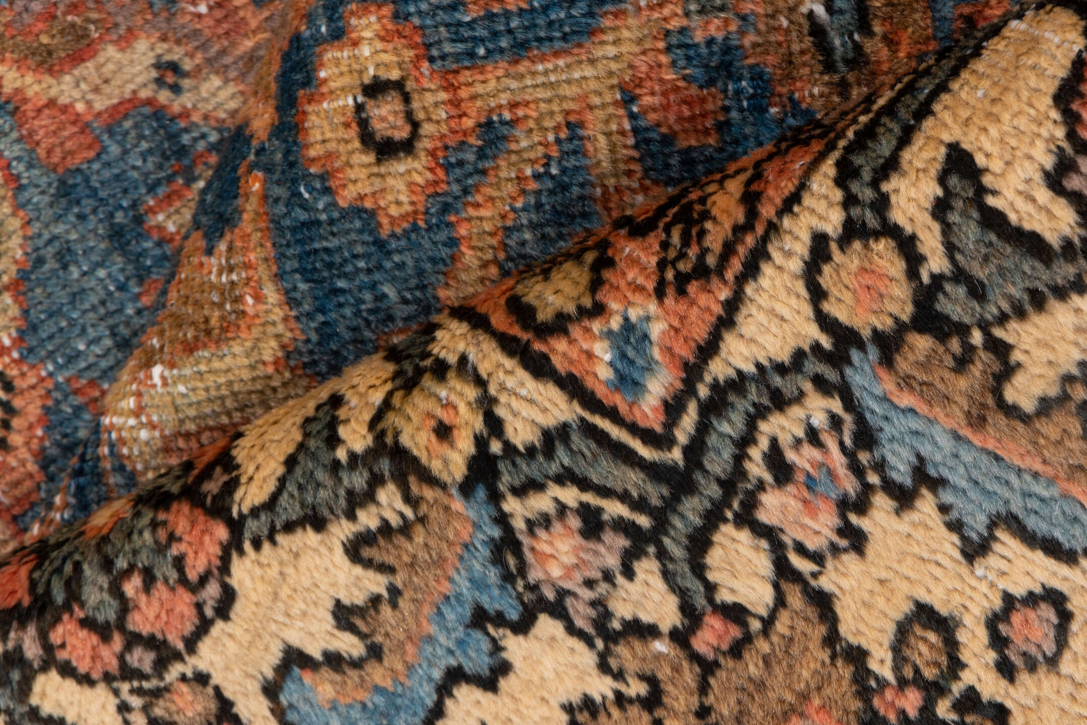 8' x 10' one-of-a-kind handmade vintage Mahal large size rug. Color palette: blue, ivory, terra cotta, taupe, rose, charcoal