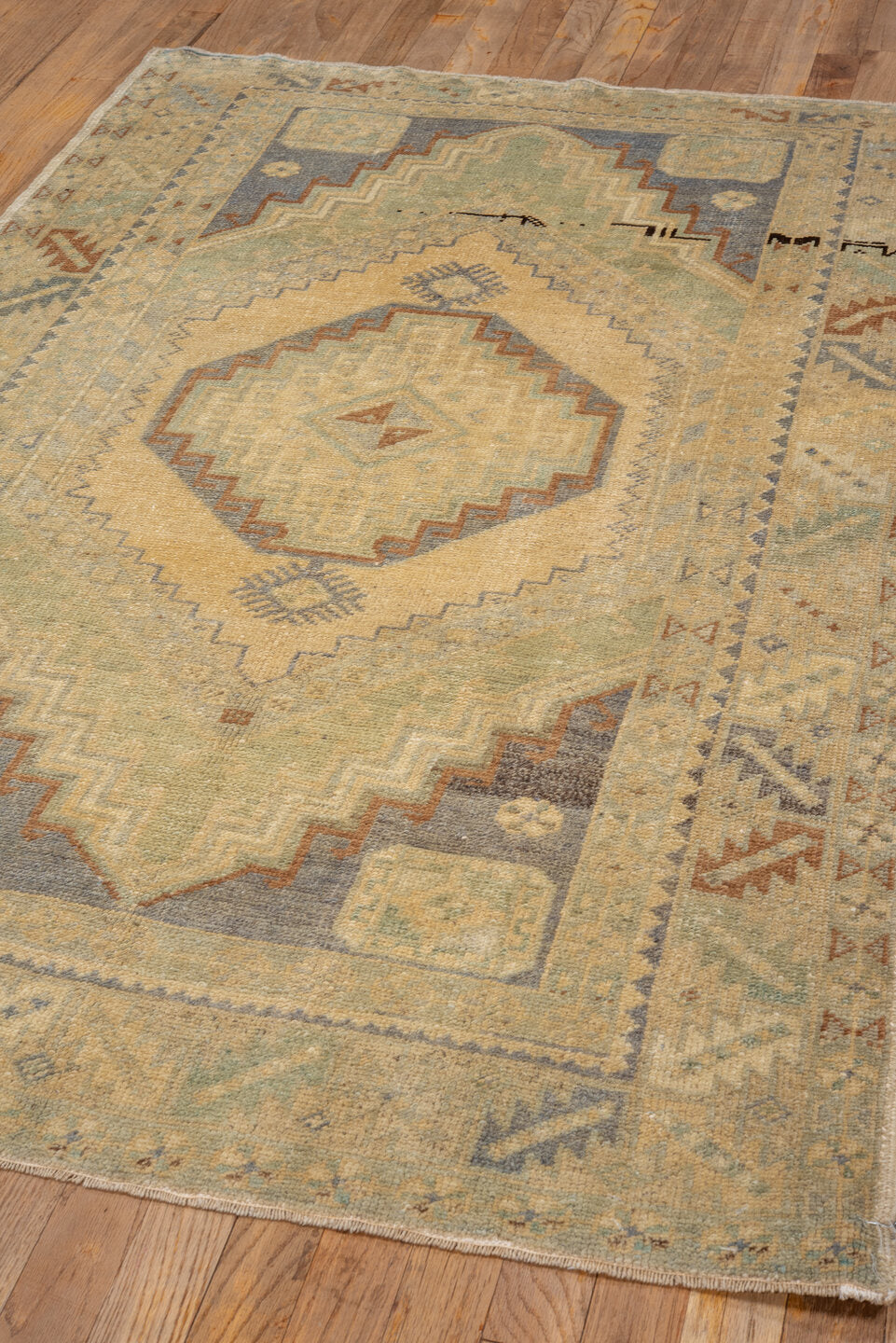 3' x 5' one-of-a-kind handmade vintage Oushak small size rug. Color palette: ivory, sage, taupe, slate, camel, rust