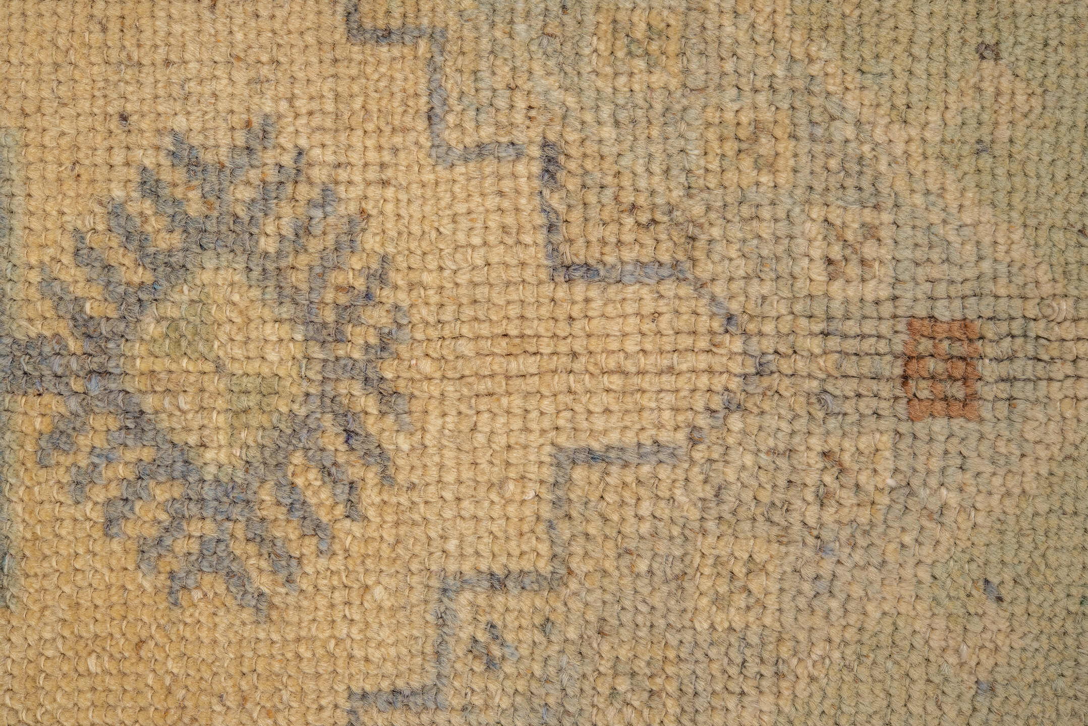 3' x 5' one-of-a-kind handmade vintage Oushak small size rug. Color palette: ivory, sage, taupe, slate, camel, rust