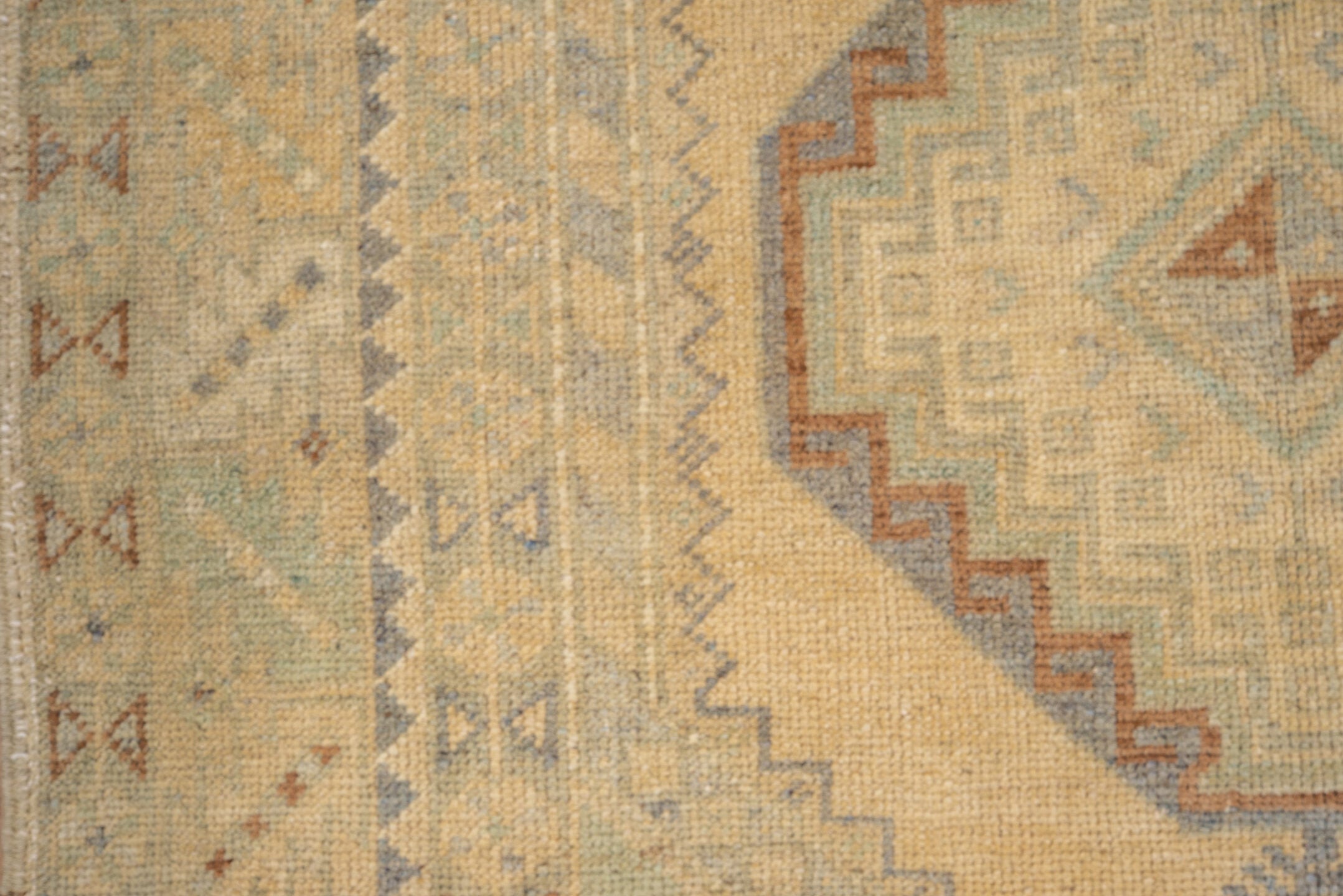 3' x 5' one-of-a-kind handmade vintage Oushak small size rug. Color palette: ivory, sage, taupe, slate, camel, rust