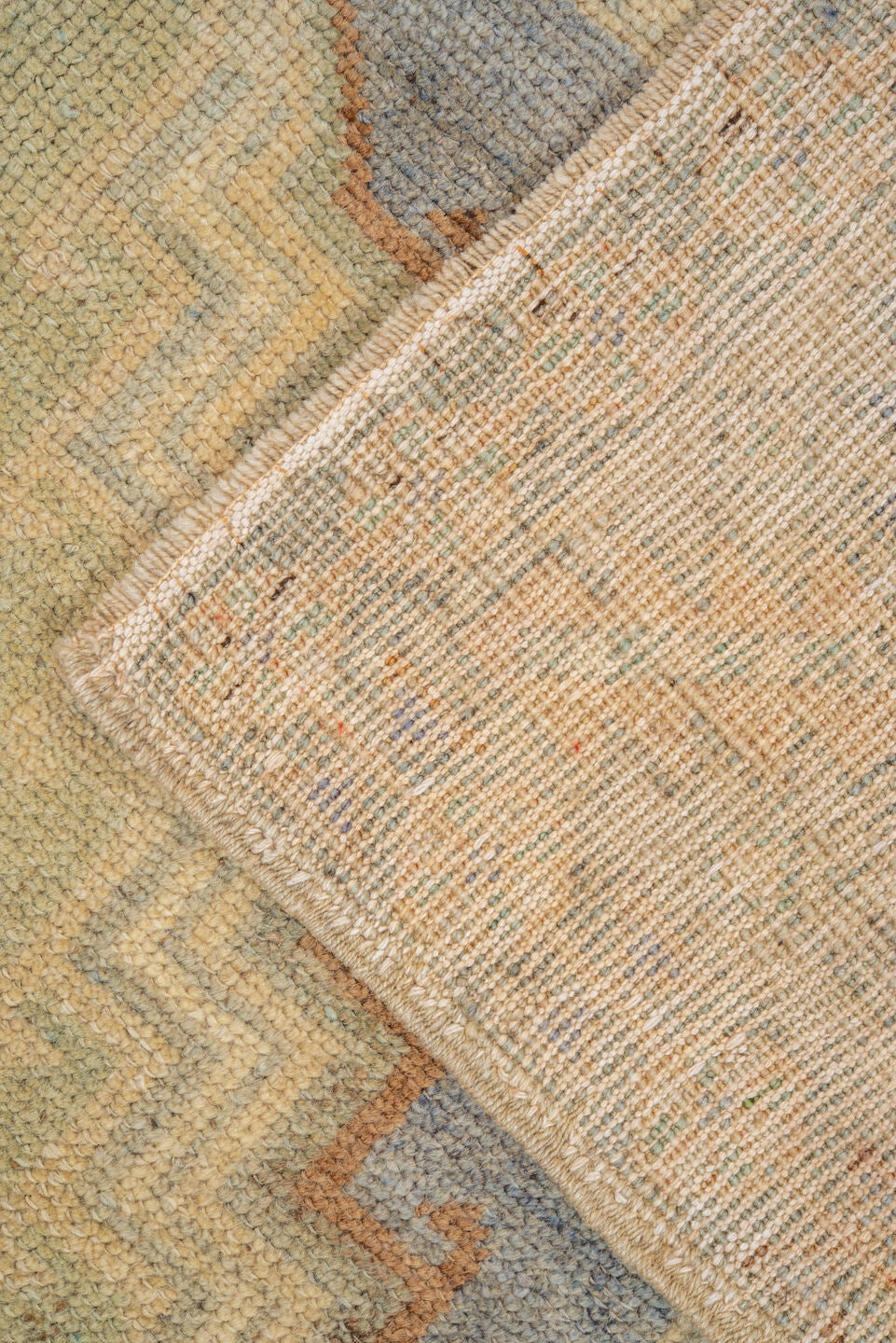 3' x 5' one-of-a-kind handmade vintage Oushak small size rug. Color palette: ivory, sage, taupe, slate, camel, rust