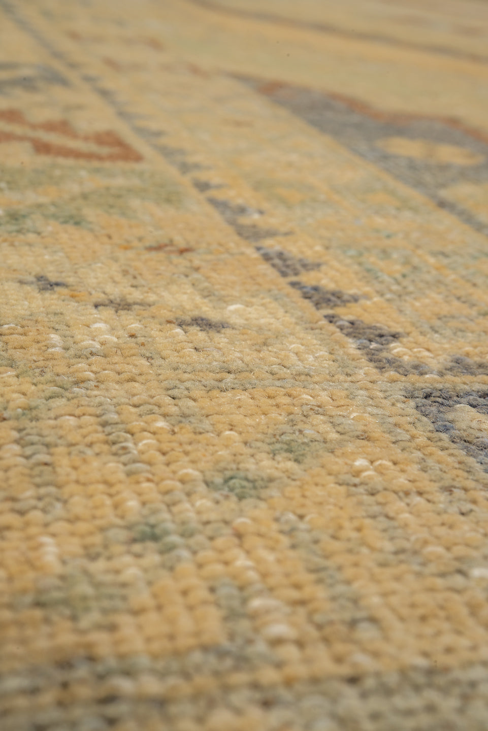 3' x 5' one-of-a-kind handmade vintage Oushak small size rug. Color palette: ivory, sage, taupe, slate, camel, rust