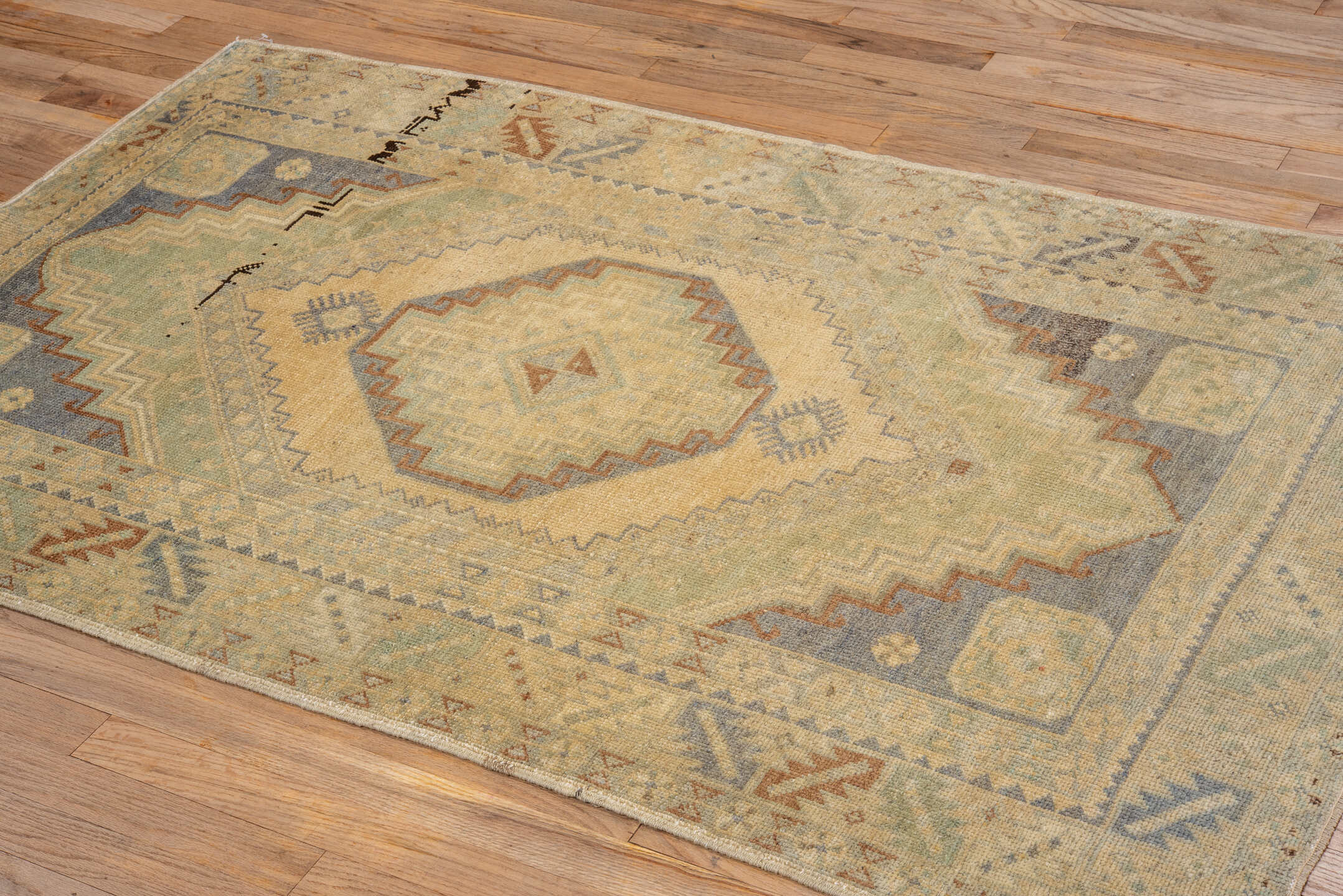 3' x 5' one-of-a-kind handmade vintage Oushak small size rug. Color palette: ivory, sage, taupe, slate, camel, rust