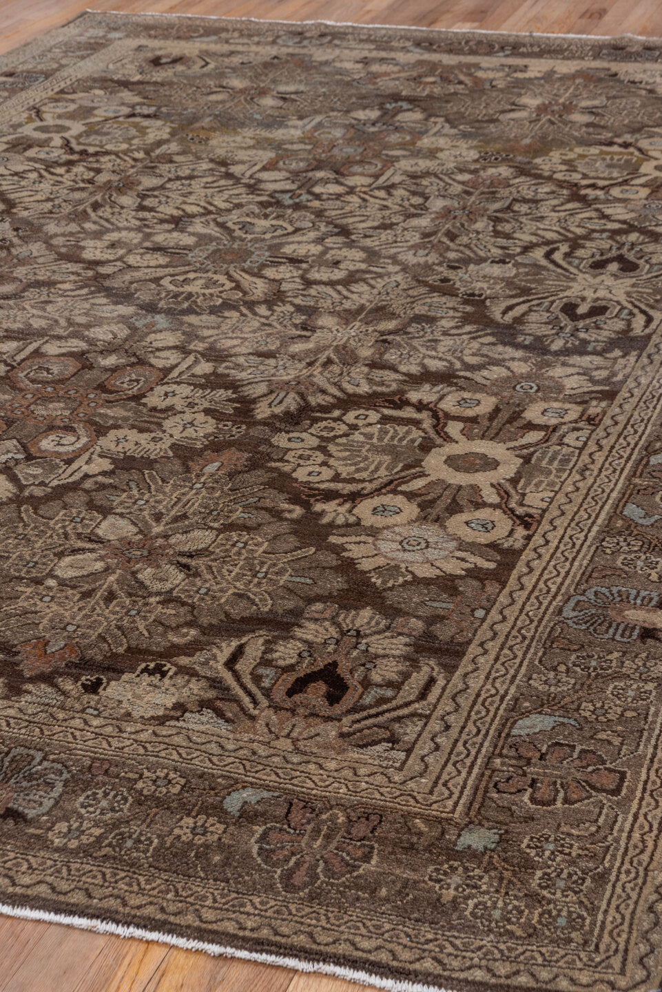 7' x 10' one-of-a-kind handmade vintage Malayer large size rug. Color palette: taupe, brown, ivory, charcoal, camel, sage