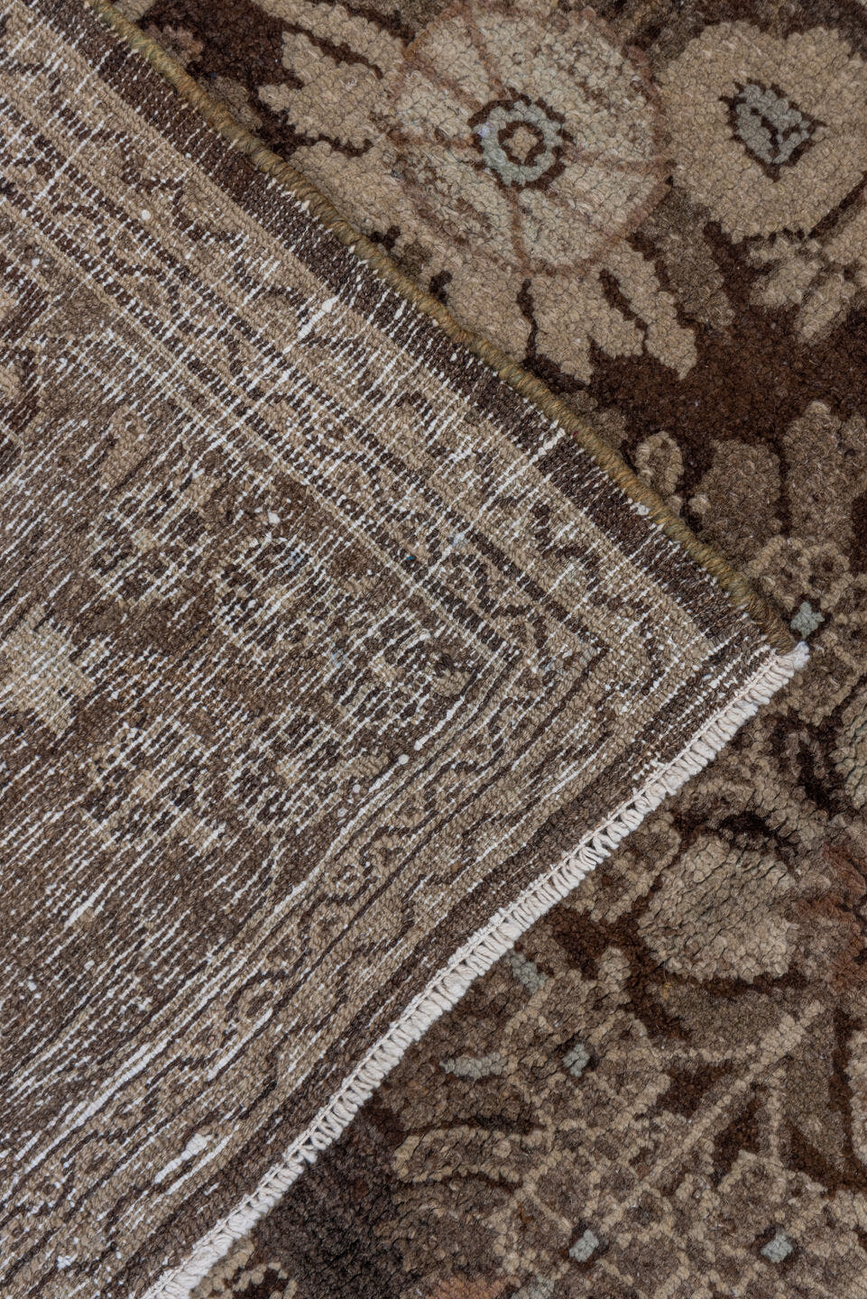 7' x 10' one-of-a-kind handmade vintage Malayer large size rug. Color palette: taupe, brown, ivory, charcoal, camel, sage