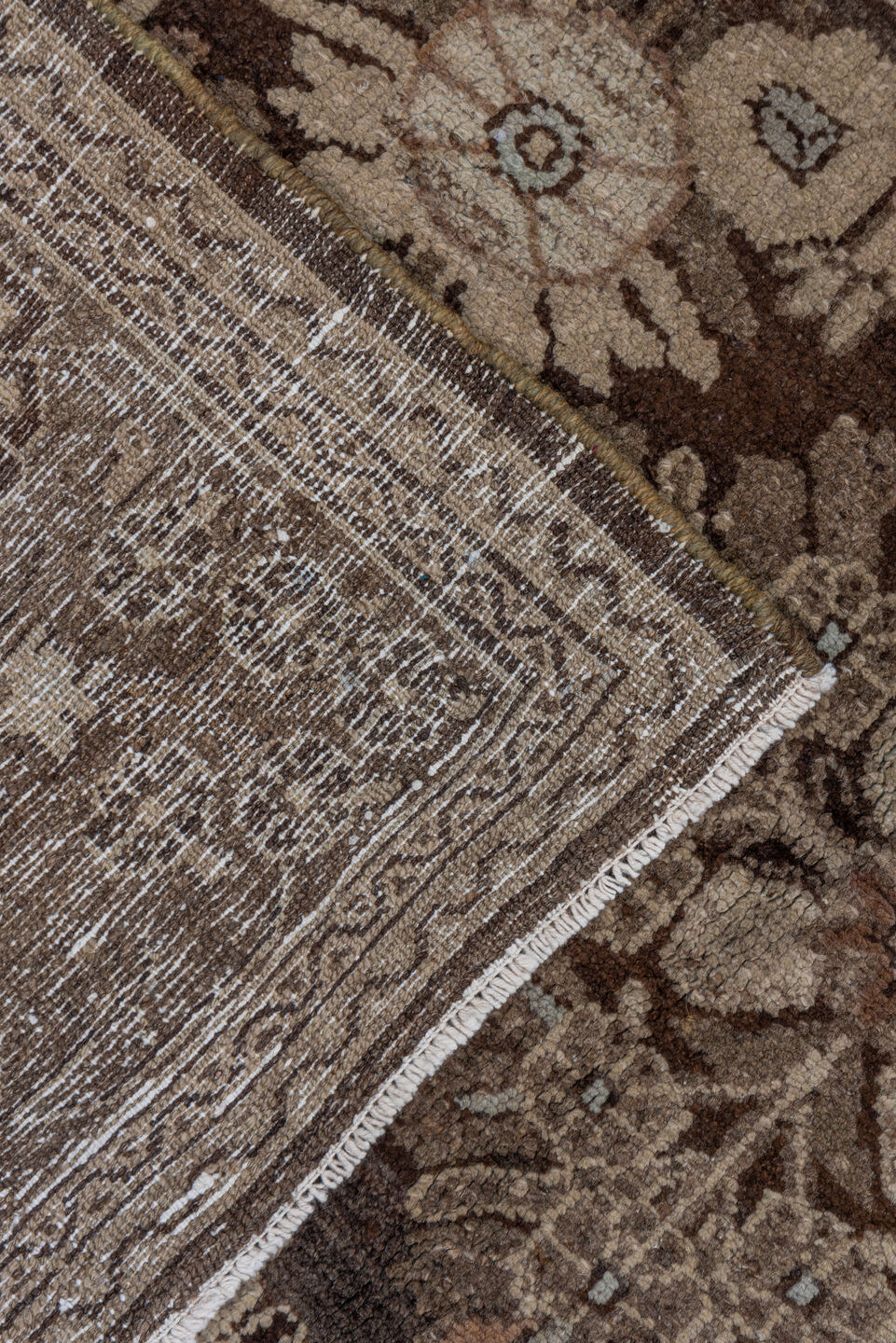 7' x 10' one-of-a-kind handmade vintage Malayer large size rug. Color palette: taupe, brown, ivory, charcoal, camel, sage