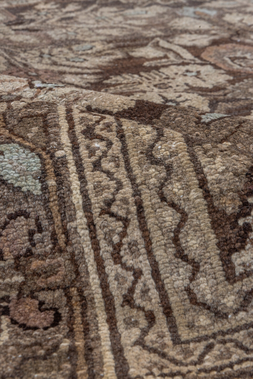 7' x 10' one-of-a-kind handmade vintage Malayer large size rug. Color palette: taupe, brown, ivory, charcoal, camel, sage