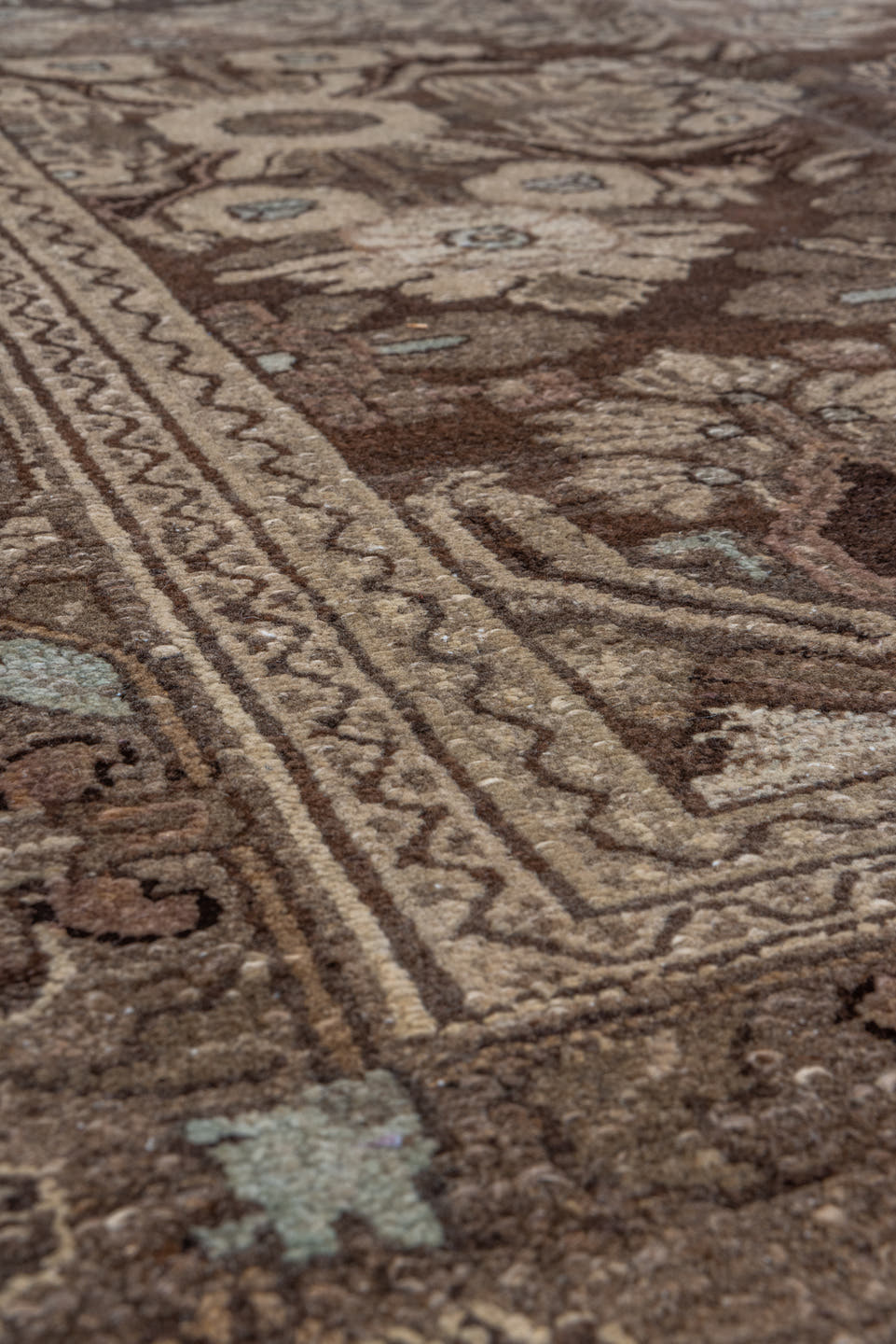 7' x 10' one-of-a-kind handmade vintage Malayer large size rug. Color palette: taupe, brown, ivory, charcoal, camel, sage