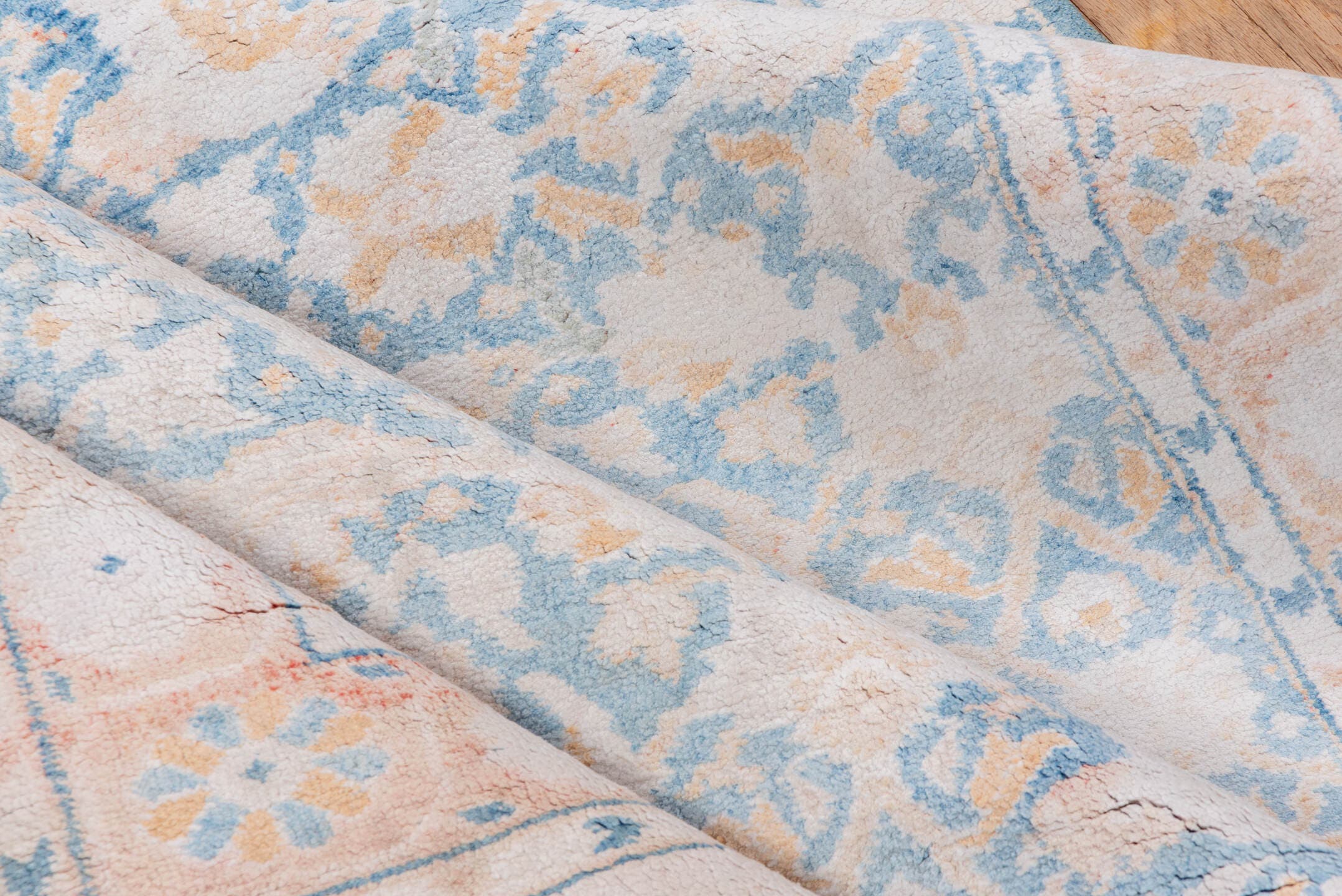 4' x 6' one-of-a-kind handmade vintage Agra small size rug. Color palette: ivory, powder_blue, blush, peach, sky_blue