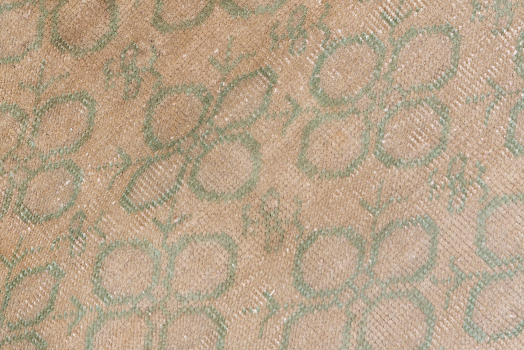 6' x 9' one-of-a-kind handmade vintage Oushak medium size rug. Color palette: beige, sage, taupe, ivory, green, gray