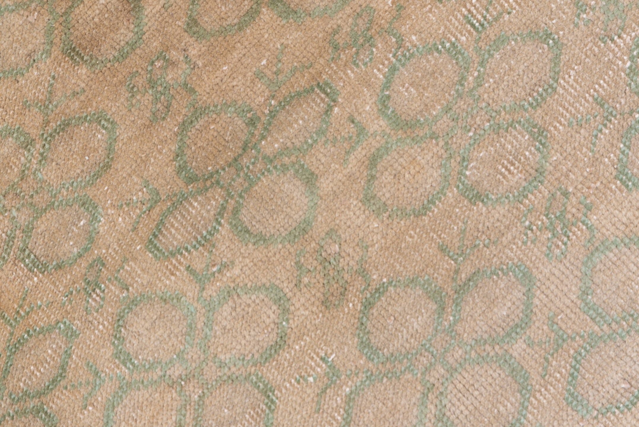6' x 9' one-of-a-kind handmade vintage Oushak medium size rug. Color palette: beige, sage, taupe, ivory, green, gray
