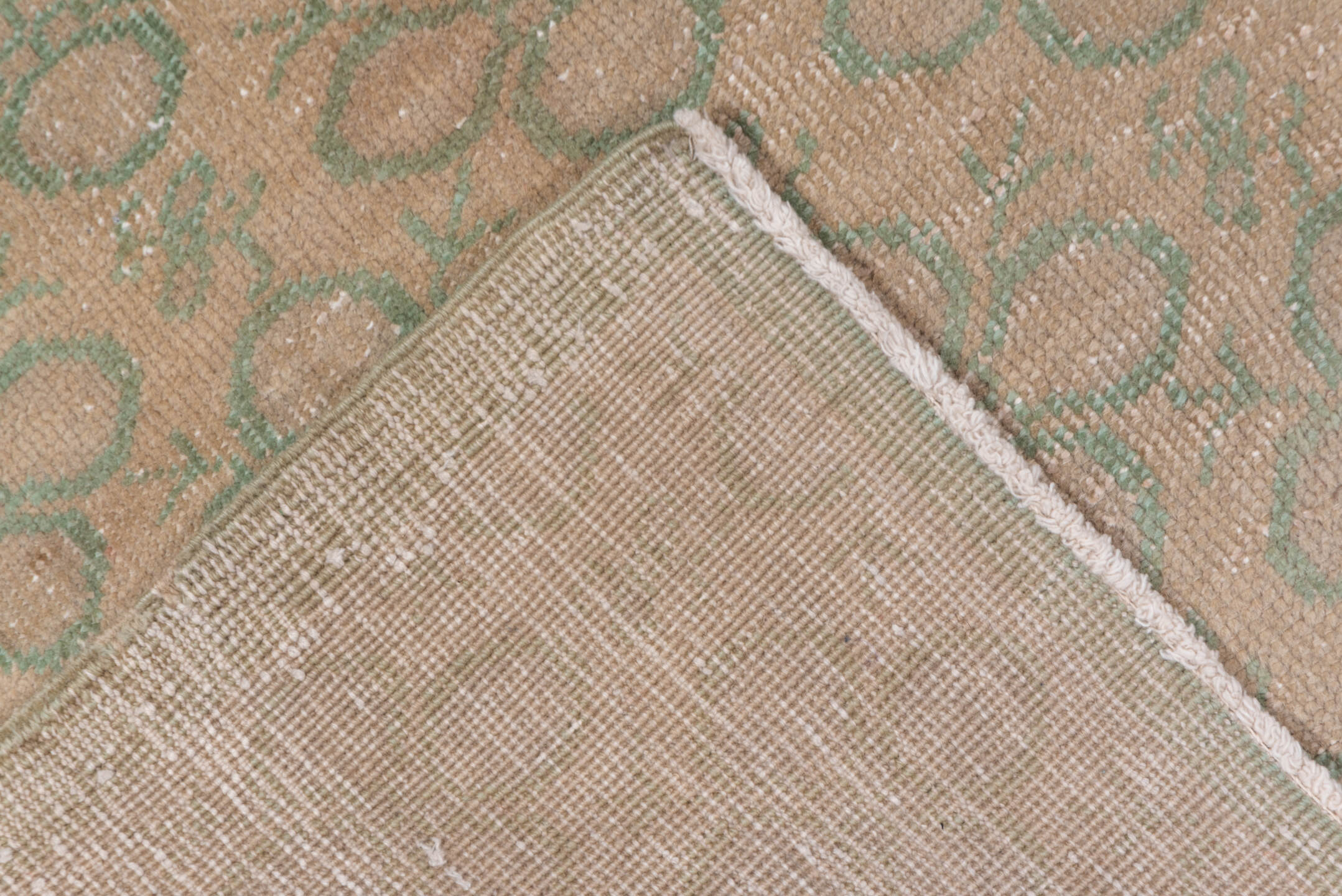 6' x 9' one-of-a-kind handmade vintage Oushak medium size rug. Color palette: beige, sage, taupe, ivory, green, gray