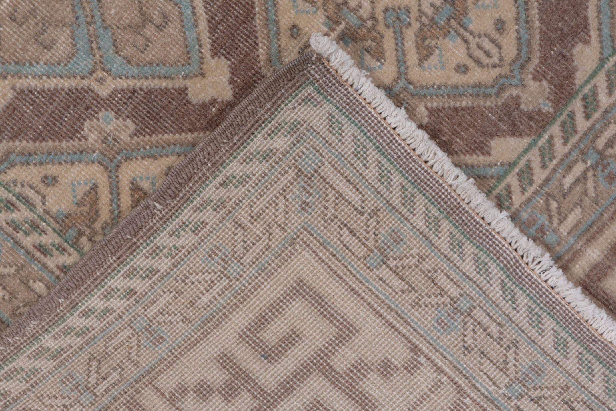 5' x 8' one-of-a-kind handmade vintage Sivas medium size rug. Color palette: taupe, camel, brown, dusty blue, ivory, rose