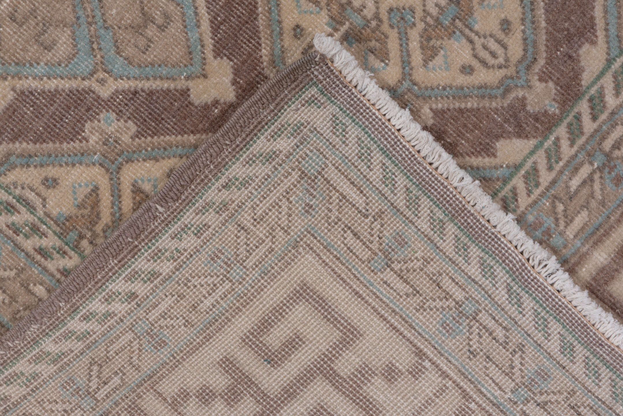 5' x 8' one-of-a-kind handmade vintage Sivas medium size rug. Color palette: taupe, camel, brown, dusty blue, ivory, rose