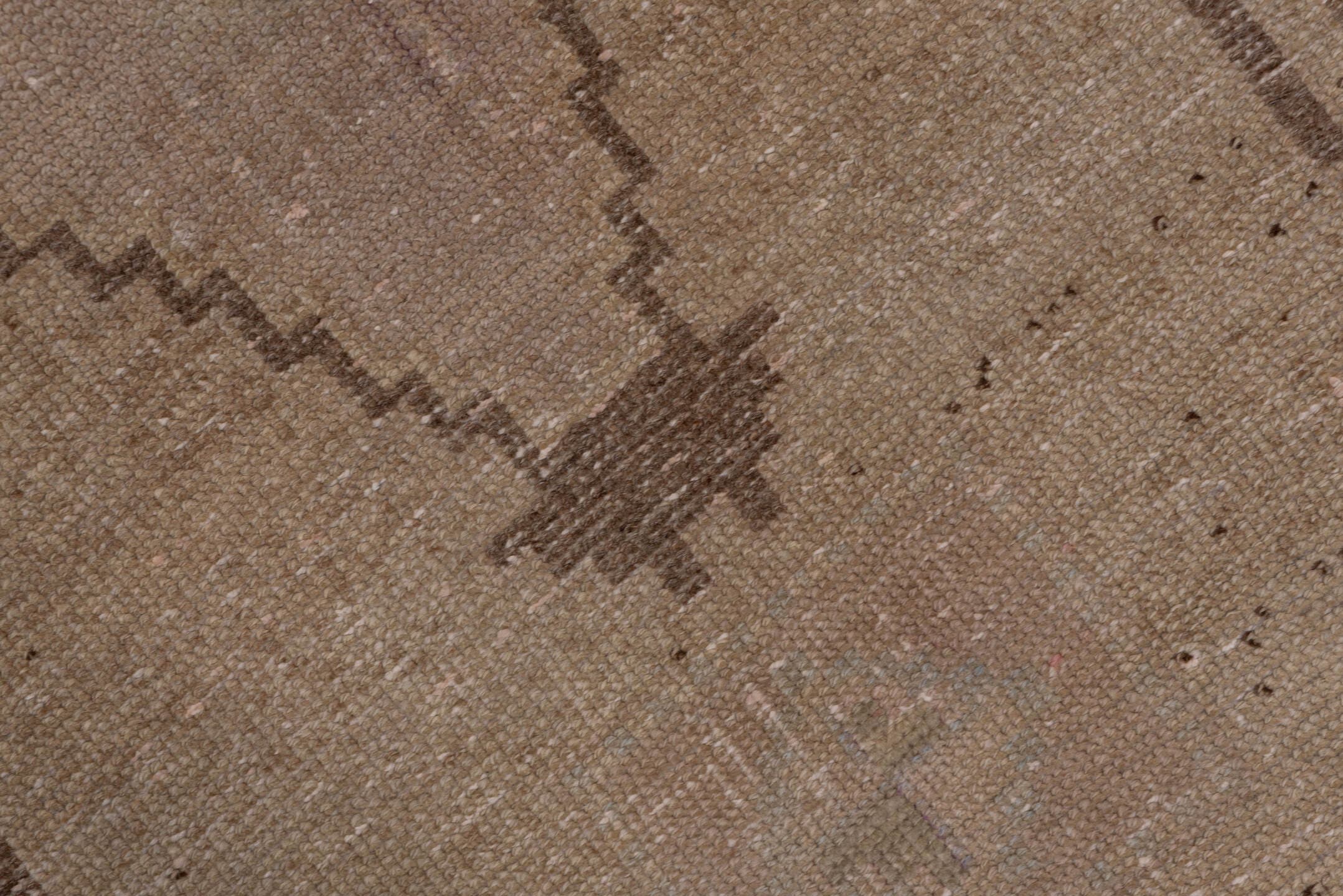 2' x 11' one-of-a-kind handmade vintage Oushak runner rug. Color palette: taupe, beige, brown, ivory, camel, gray