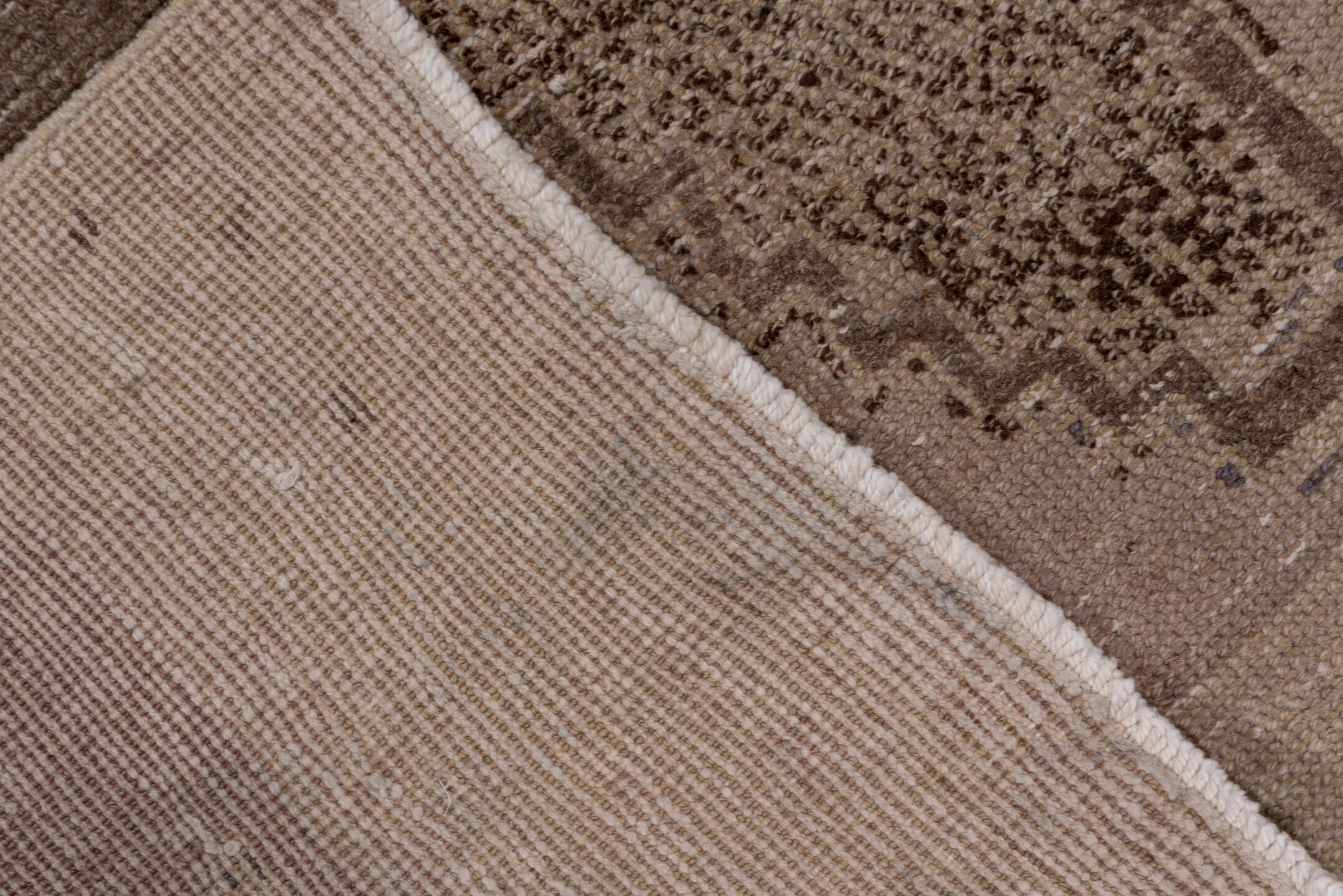 2' x 11' one-of-a-kind handmade vintage Oushak runner rug. Color palette: taupe, beige, brown, ivory, camel, gray