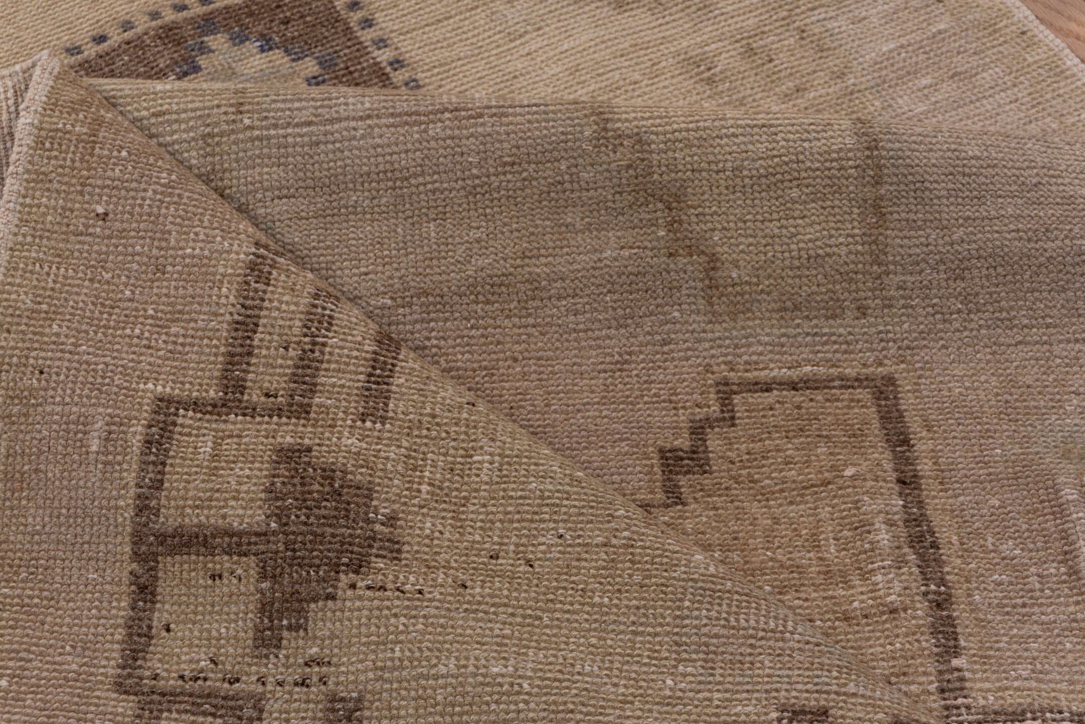 2' x 11' one-of-a-kind handmade vintage Oushak runner rug. Color palette: taupe, beige, brown, ivory, camel, gray