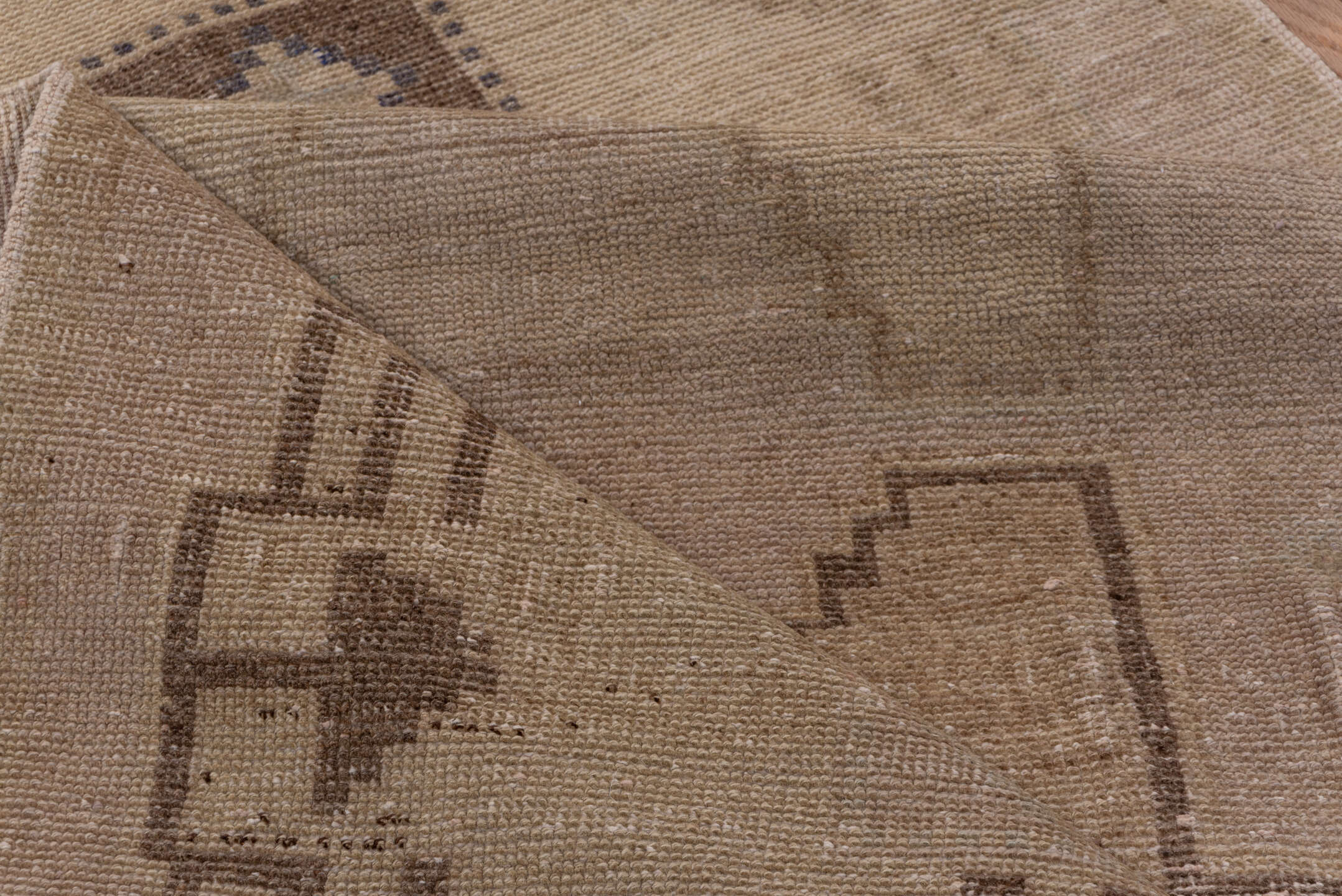 2' x 11' one-of-a-kind handmade vintage Oushak runner rug. Color palette: taupe, beige, brown, ivory, camel, gray
