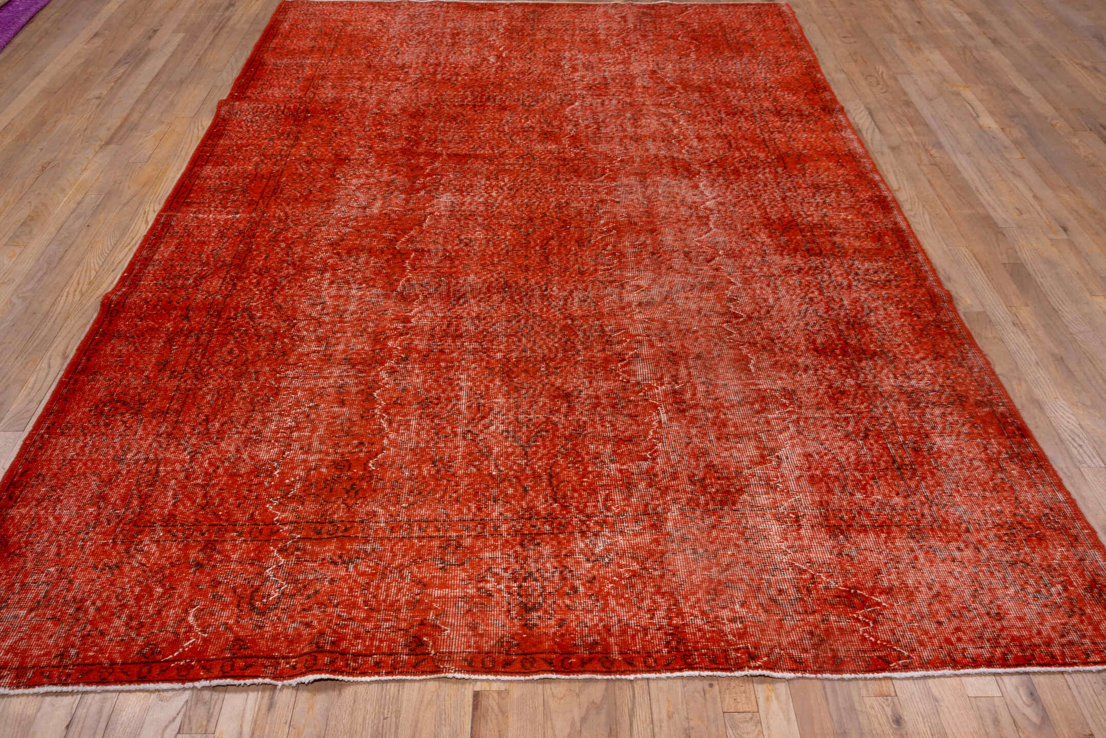 7' x 10' one-of-a-kind handmade vintage Overdyed large size rug. Color palette: brown, dark red, maroon, pink, red