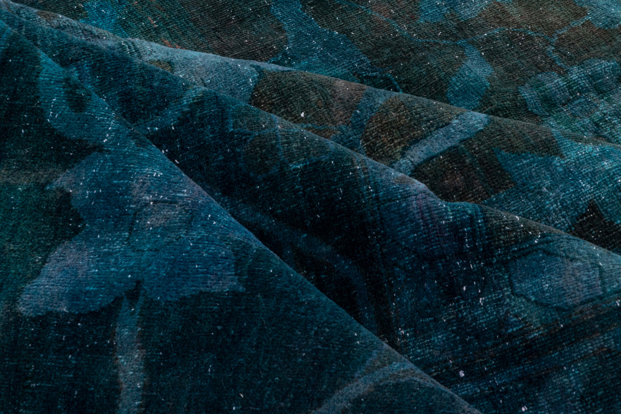 15' x 27' one-of-a-kind handmade vintage Overdyed oversize rug. Color palette: teal, charcoal, indigo, slate, aqua, ivory