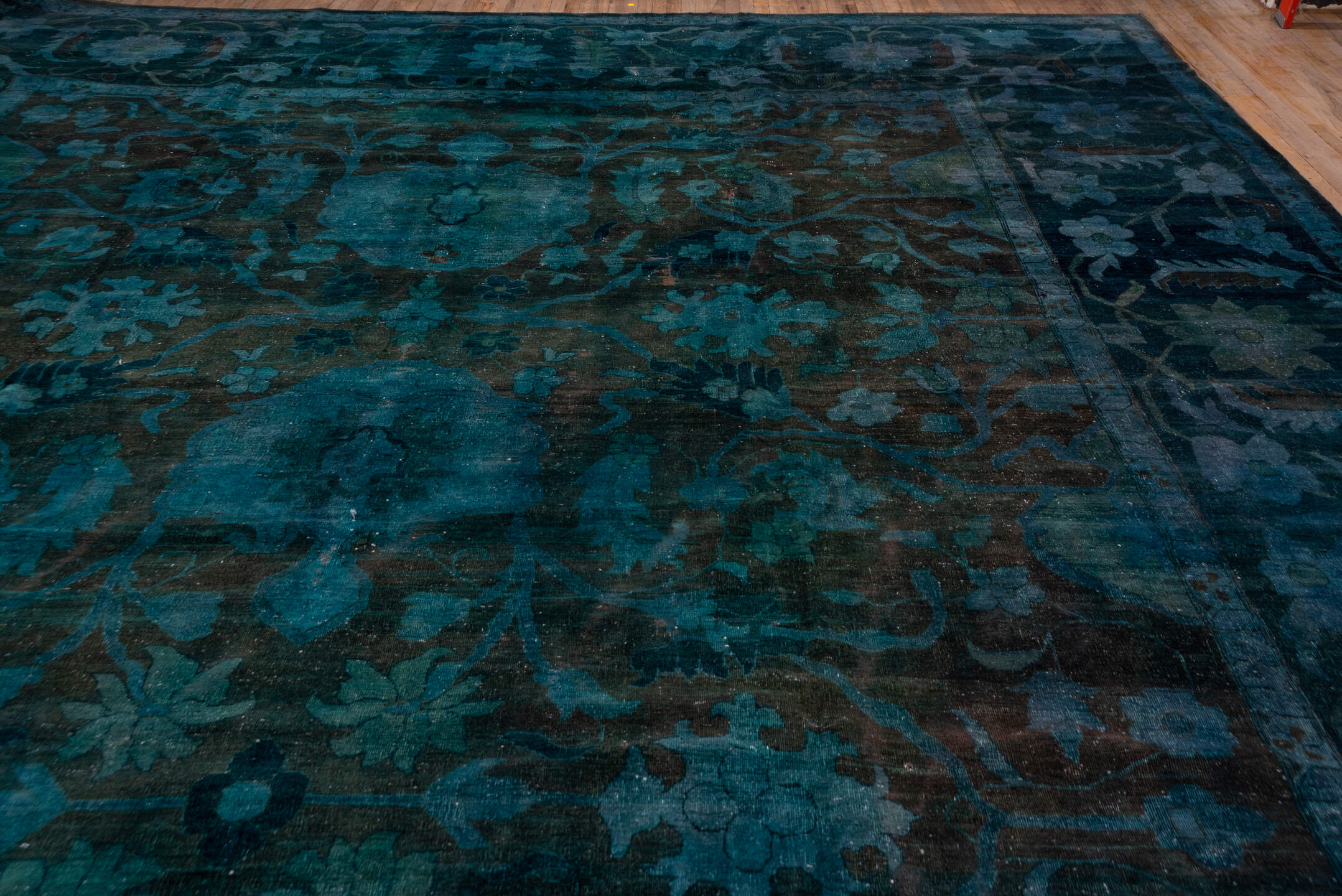 15' x 27' one-of-a-kind handmade vintage Overdyed oversize rug. Color palette: teal, charcoal, indigo, slate, aqua, ivory
