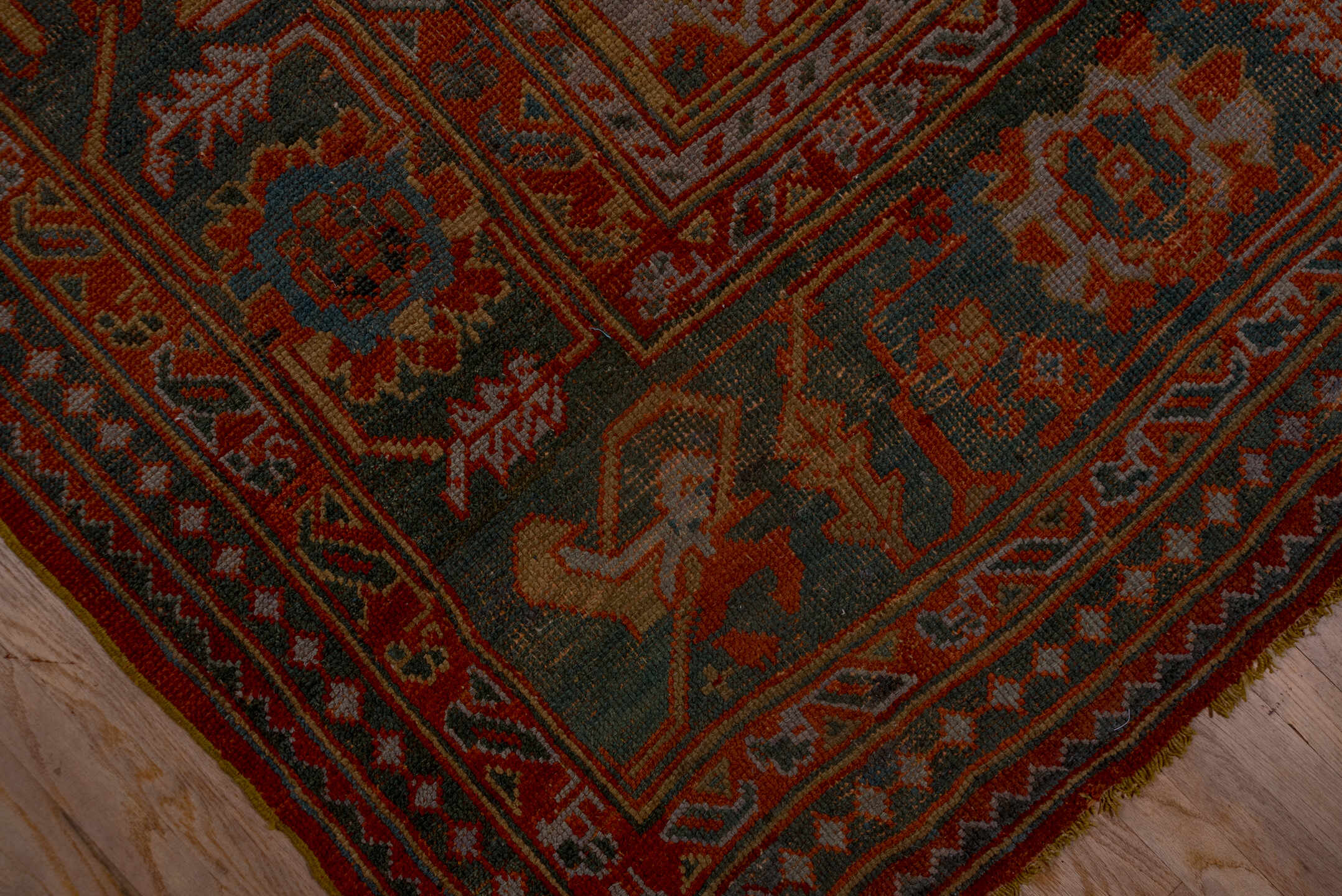 12' x 14' one-of-a-kind handmade antique Oushak oversize rug. Color palette: terra cotta, charcoal, rust, slate, ivory, rose