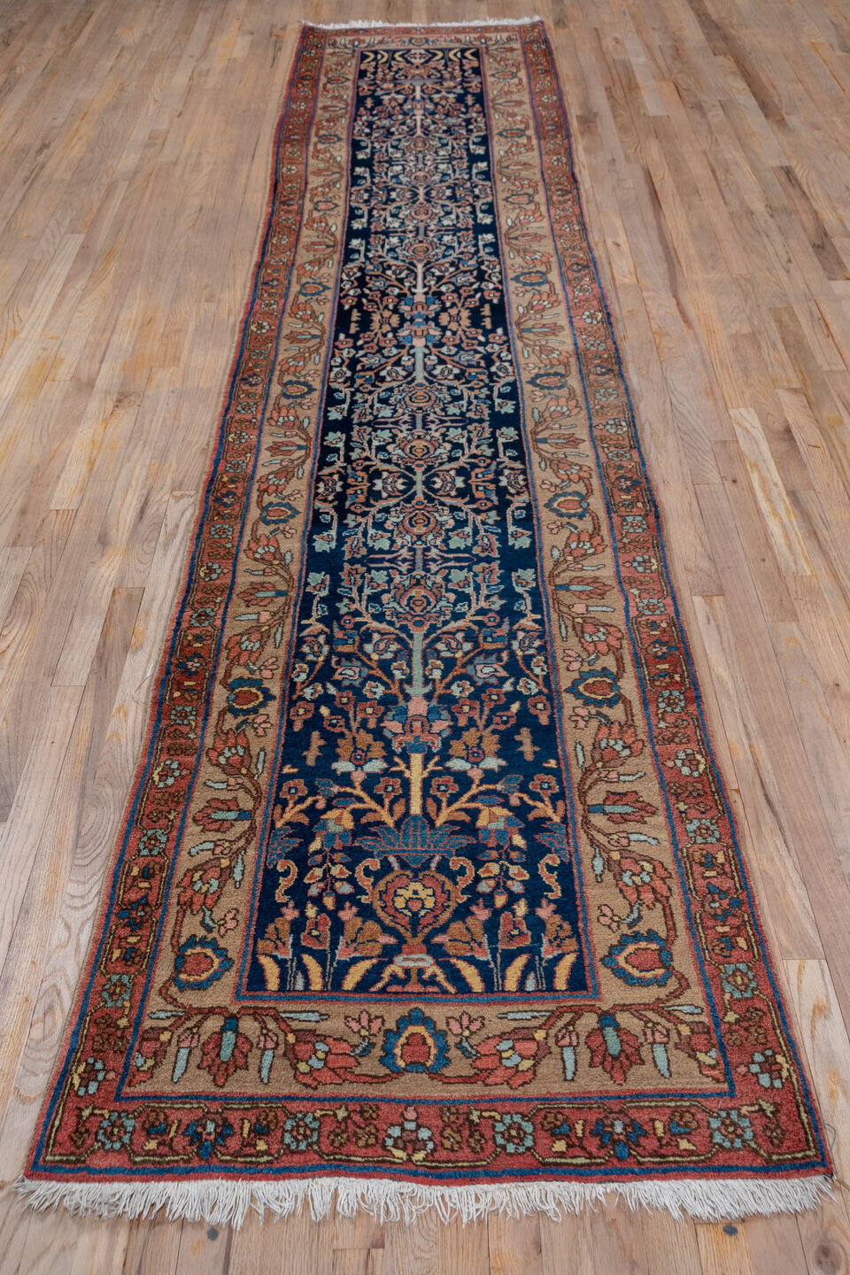 3' x 14' one-of-a-kind handmade vintage Bidjar runner rug. Color palette: blue, brown, gray, pink, redwood