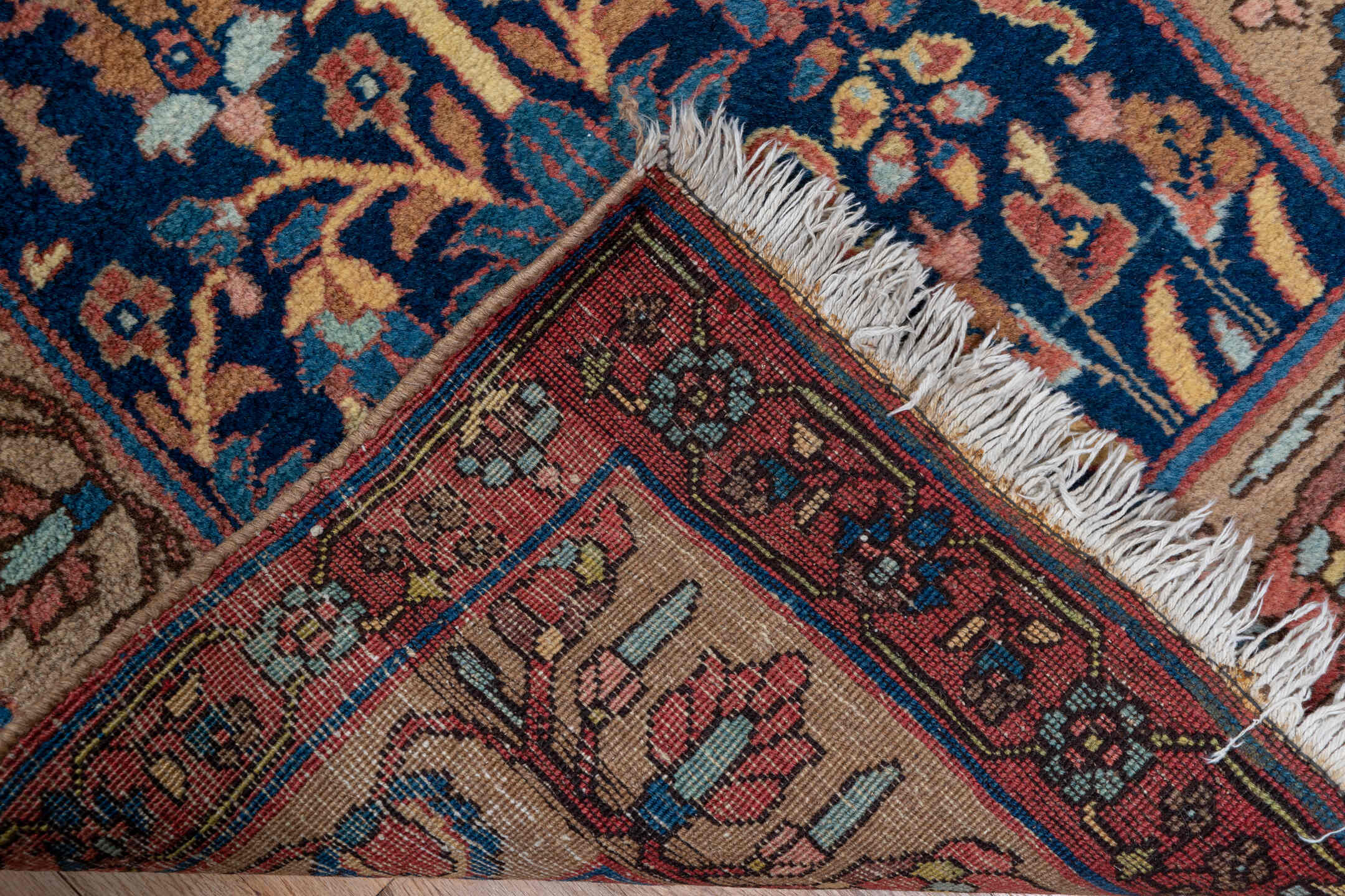 3' x 14' one-of-a-kind handmade antique Bidjar runner rug. Color palette: navy, rust, ivory, camel, slate, rose, blue