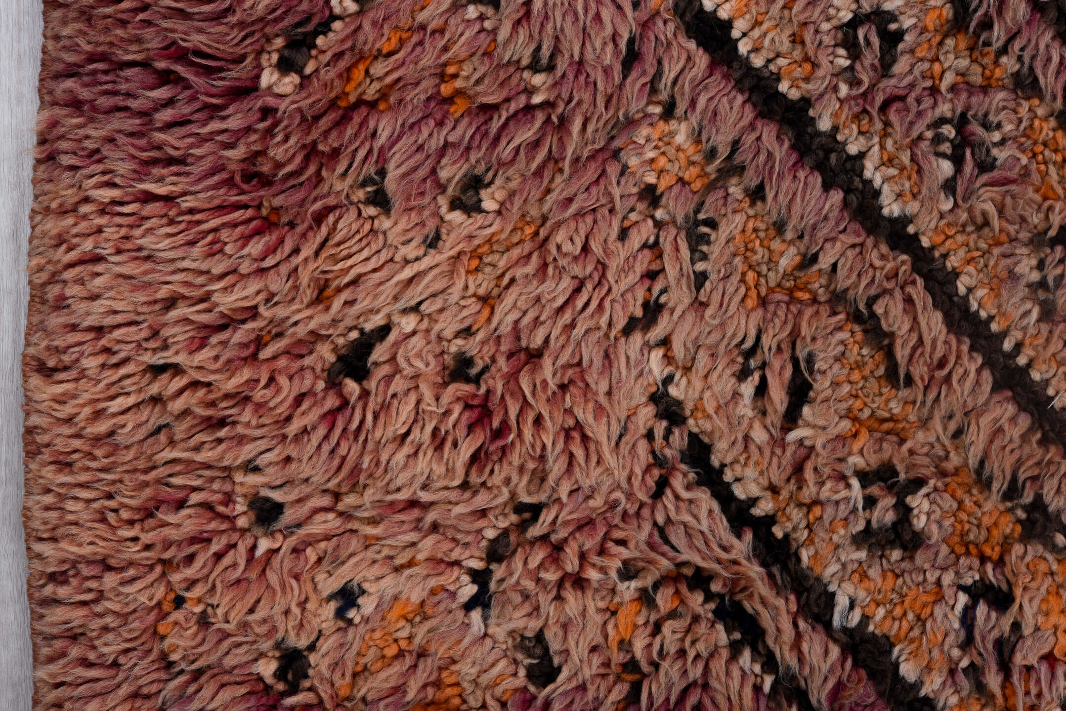6' x 12' one-of-a-kind handmade antique Moroccan large size rug. Color palette: rose, mauve, plum, charcoal, rust, saffron