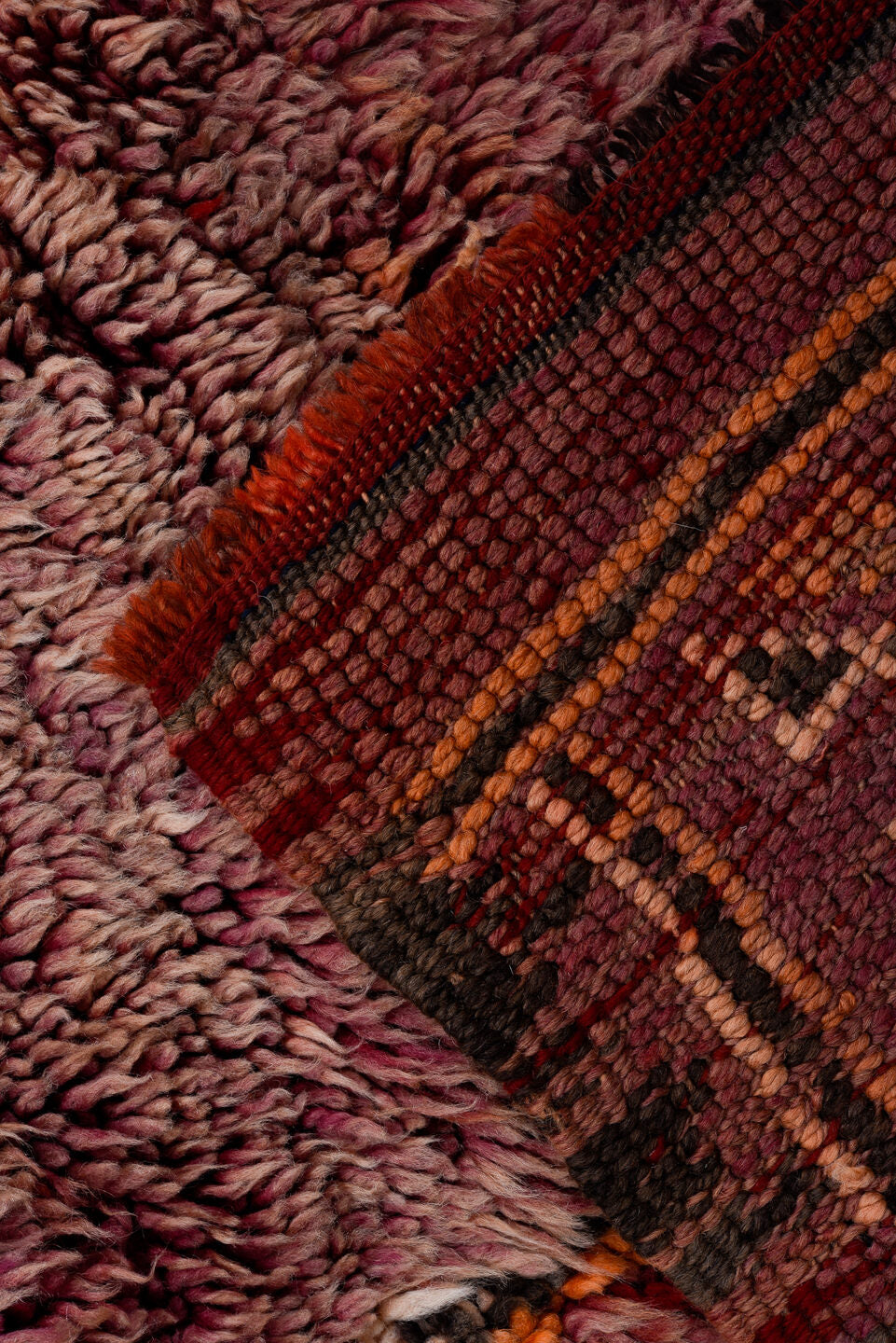 6' x 12' one-of-a-kind handmade antique Moroccan large size rug. Color palette: rose, mauve, plum, charcoal, rust, saffron