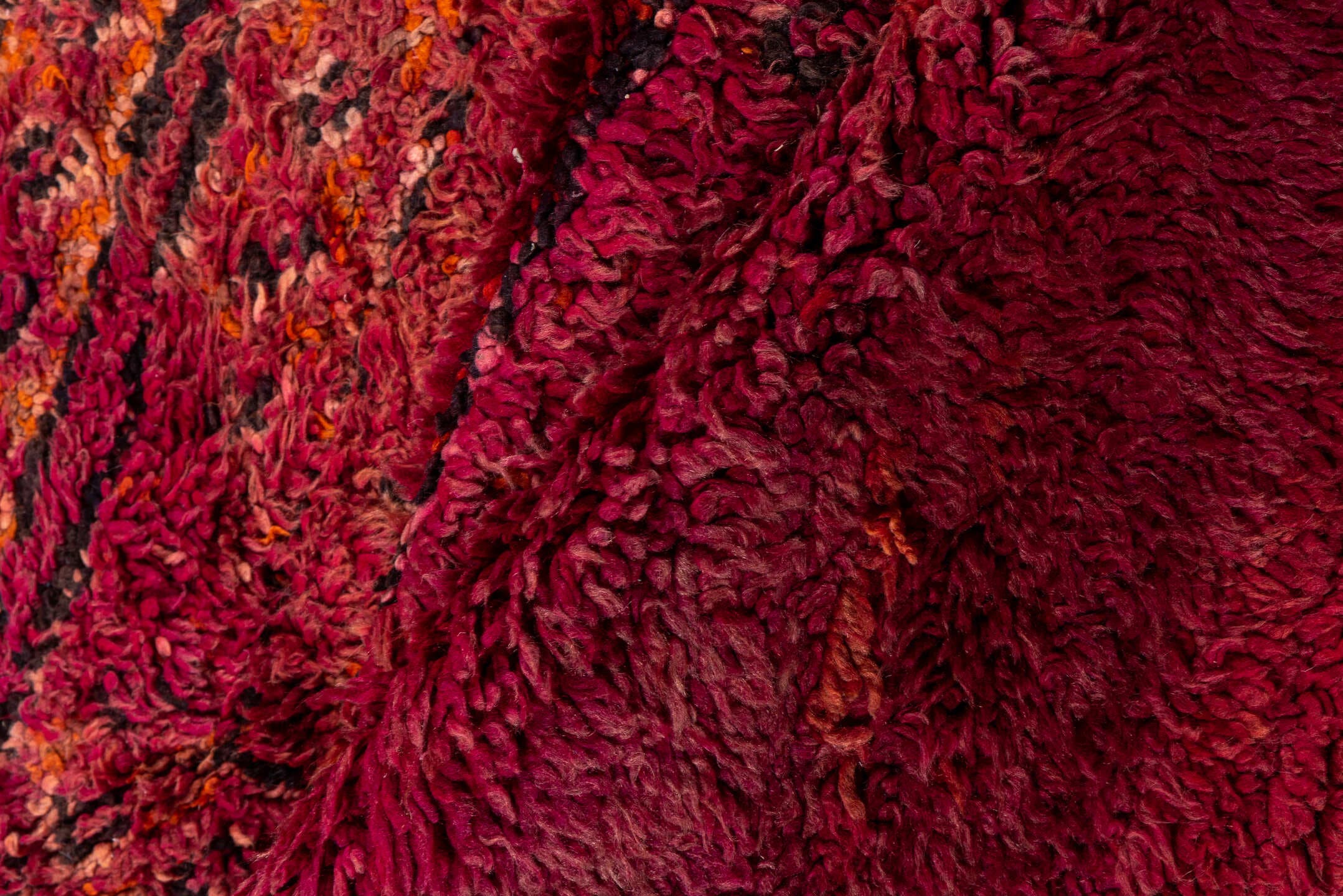 6' x 12' one-of-a-kind handmade antique Moroccan large size rug. Color palette: rose, mauve, plum, charcoal, rust, saffron