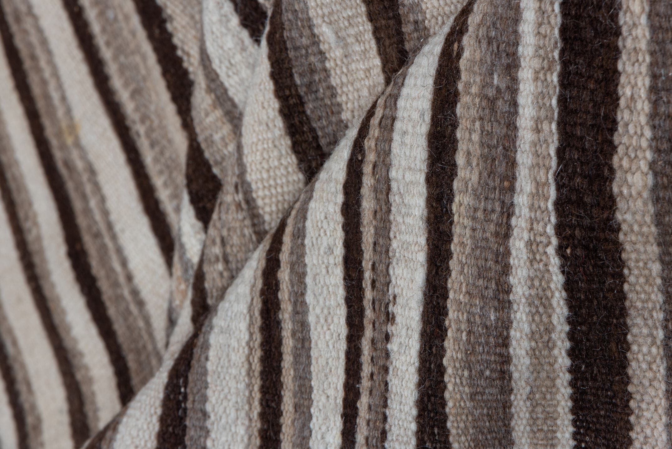 4' x 6' one-of-a-kind handmade vintage Blanket small size rug. Color palette: ivory, taupe, brown, charcoal, beige, gray