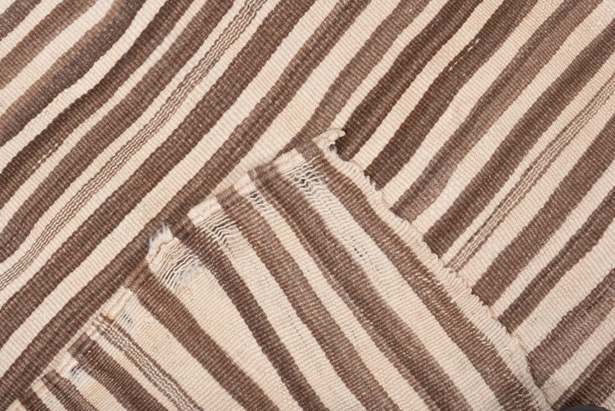 4' x 6' one-of-a-kind handmade vintage Blanket small size rug. Color palette: brown, ivory, taupe, camel, beige, gray