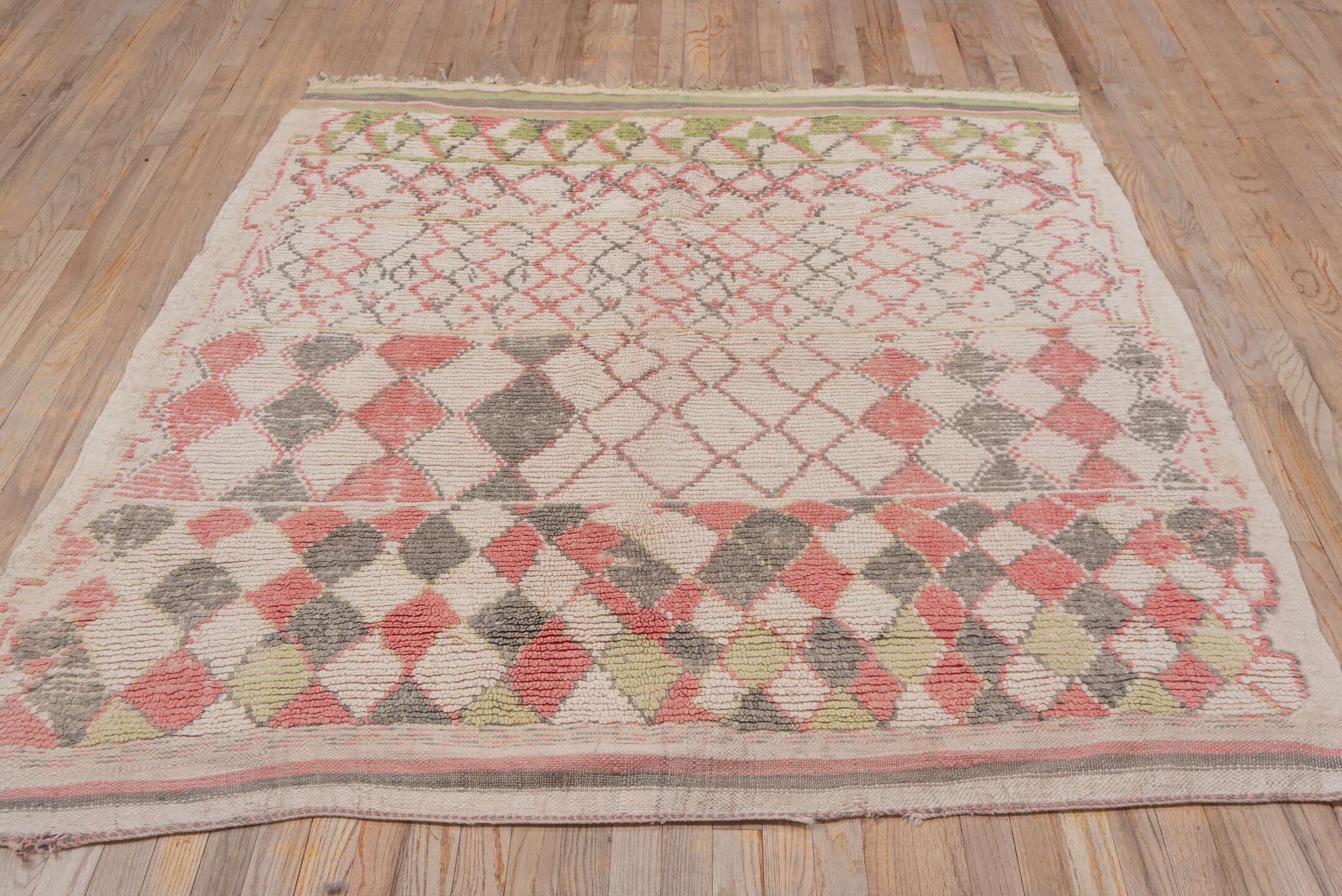 5' x 5' one-of-a-kind handmade vintage Moroccan rug. Color palette: ivory, rose, charcoal, olive, taupe, pink, red, gray