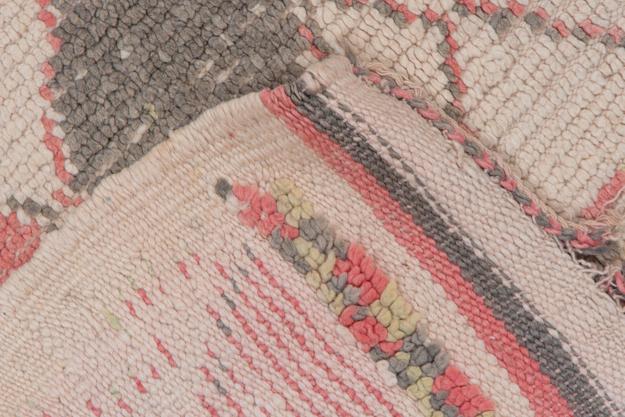 5' x 5' one-of-a-kind handmade vintage Moroccan rug. Color palette: ivory, rose, charcoal, olive, taupe, pink, red, gray