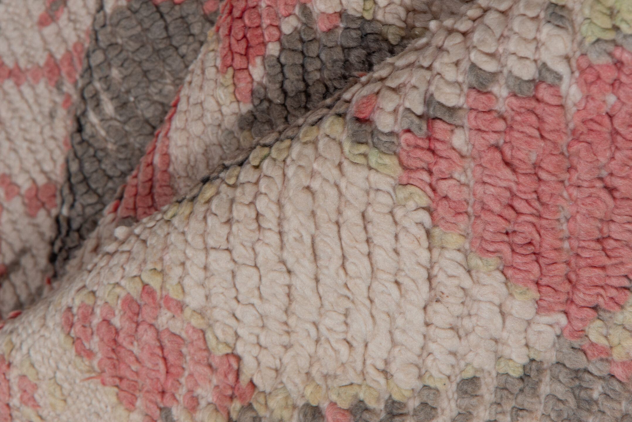 5' x 5' one-of-a-kind handmade vintage Moroccan rug. Color palette: ivory, rose, charcoal, olive, taupe, pink, red, gray