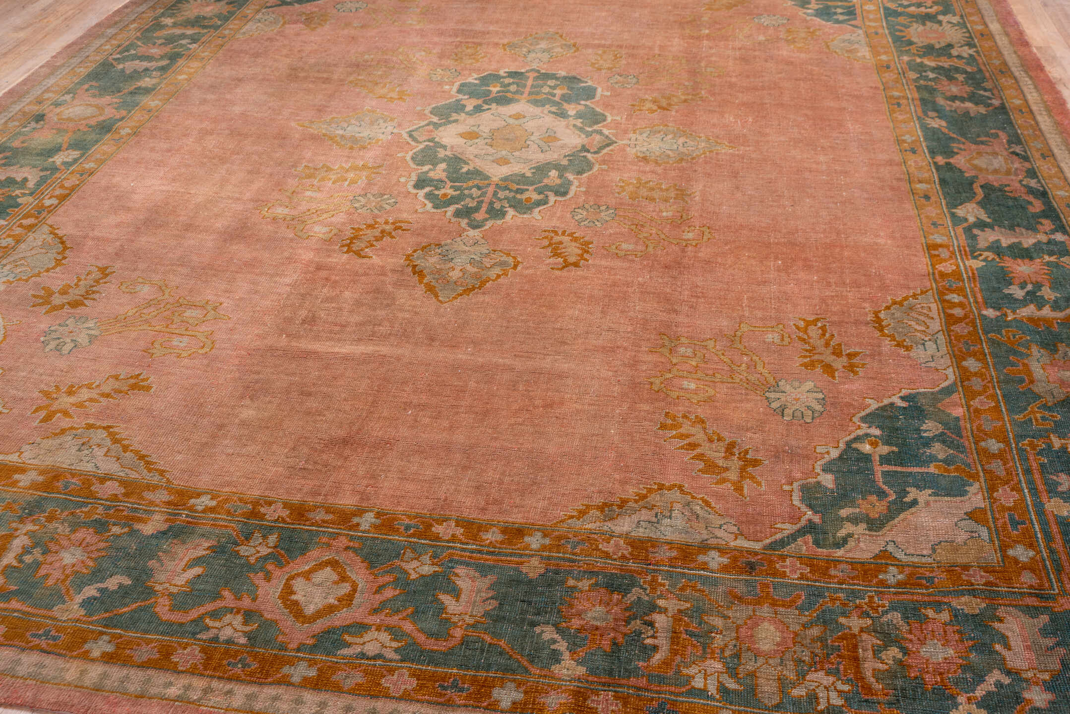 11' x 13' one-of-a-kind handmade vintage Oushak oversize rug. Color palette: brown, gray, pink