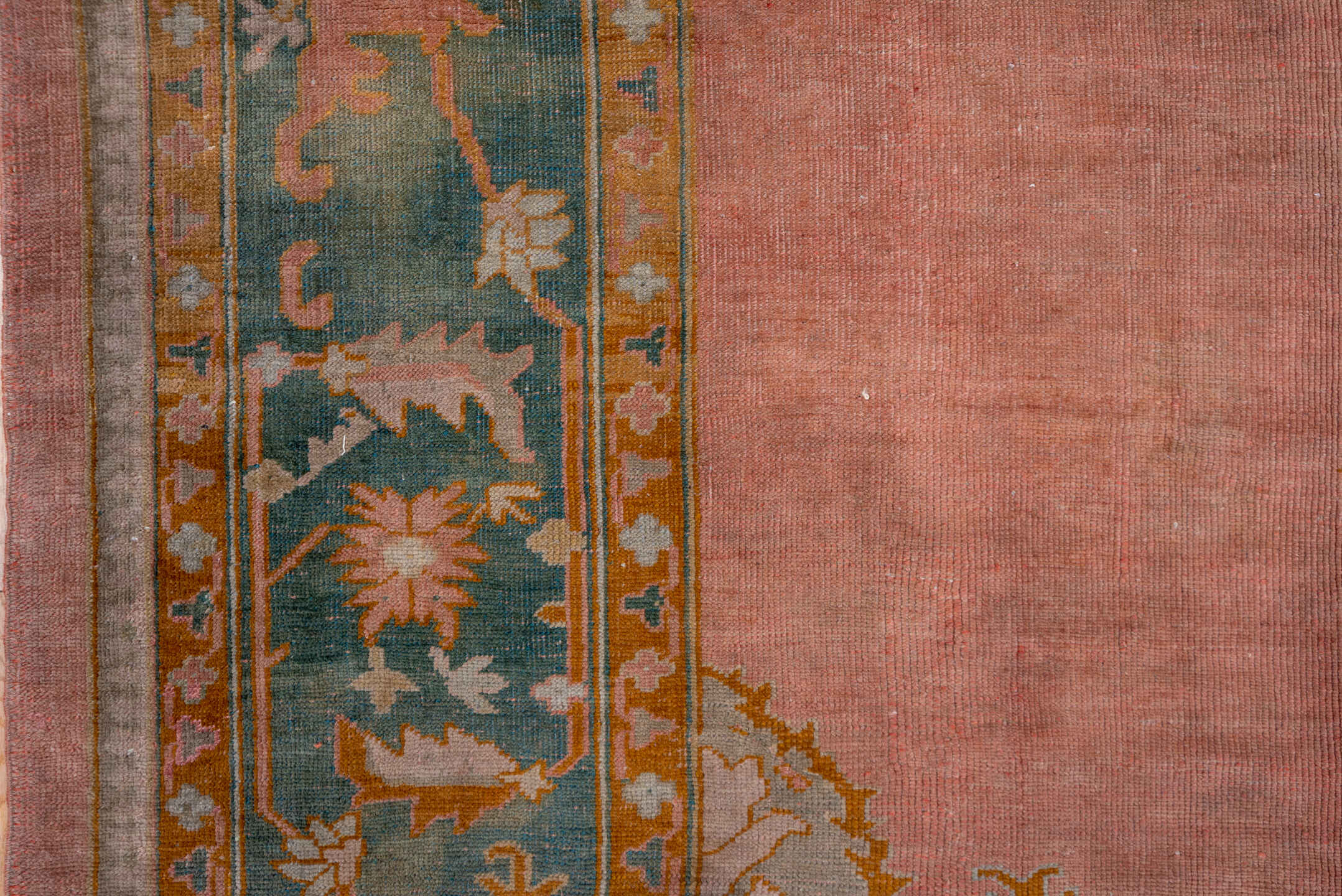 11' x 13' one-of-a-kind handmade vintage Oushak oversize rug. Color palette: brown, gray, pink