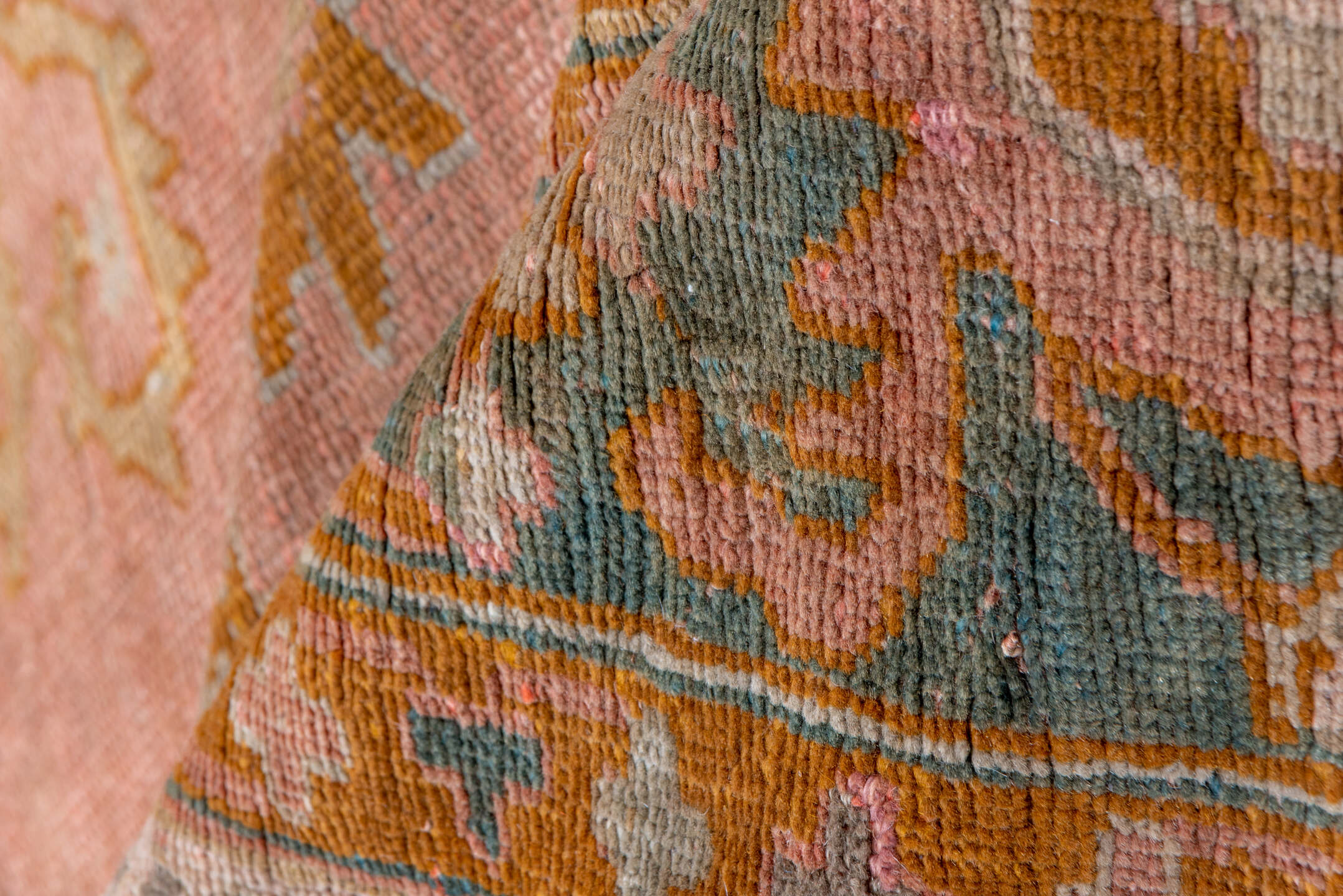 11' x 13' one-of-a-kind handmade vintage Oushak oversize rug. Color palette: brown, gray, pink