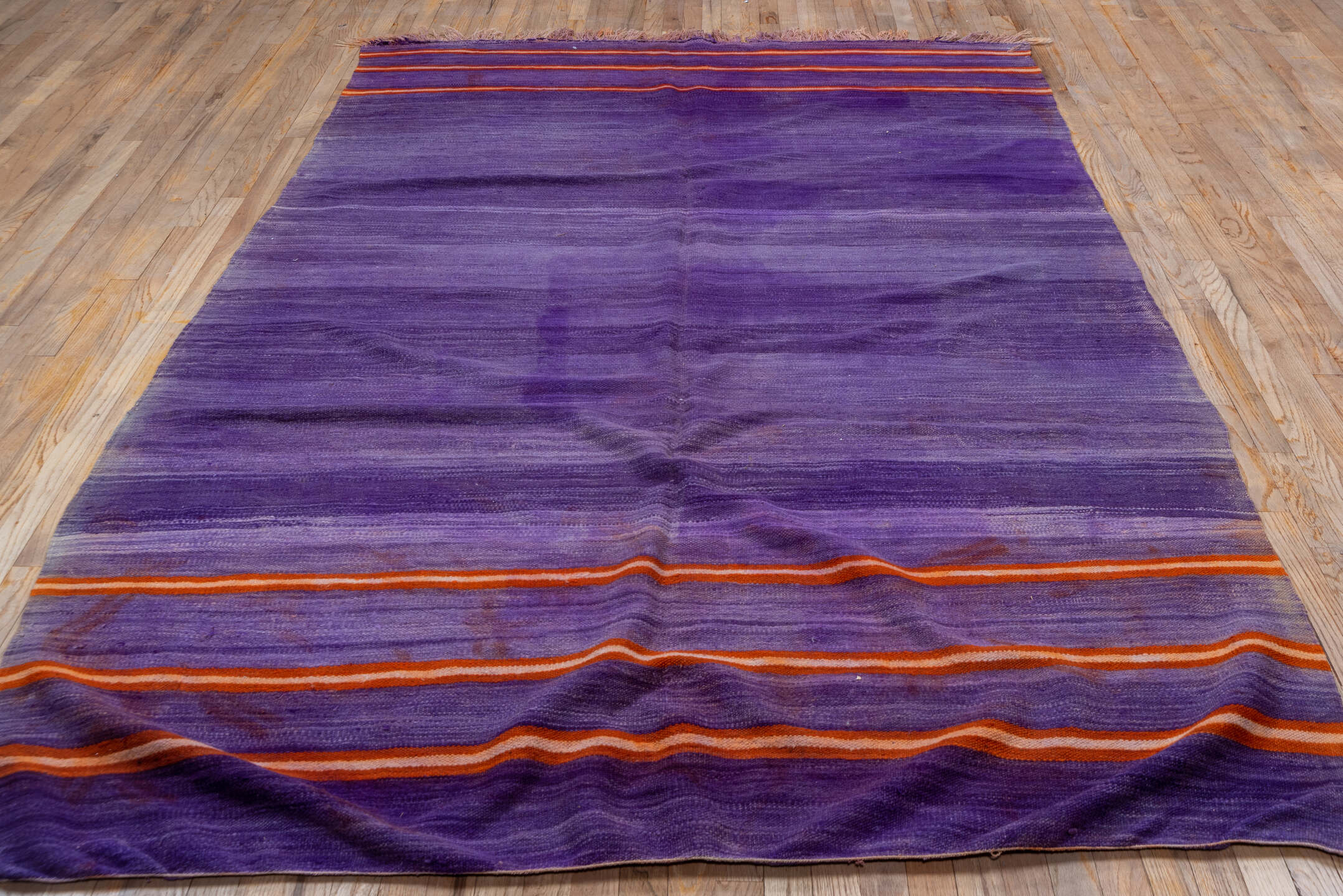 6' x 9' one-of-a-kind handmade vintage Blanket medium size rug. Color palette: purple, violet, rust, ivory, pink, terracotta