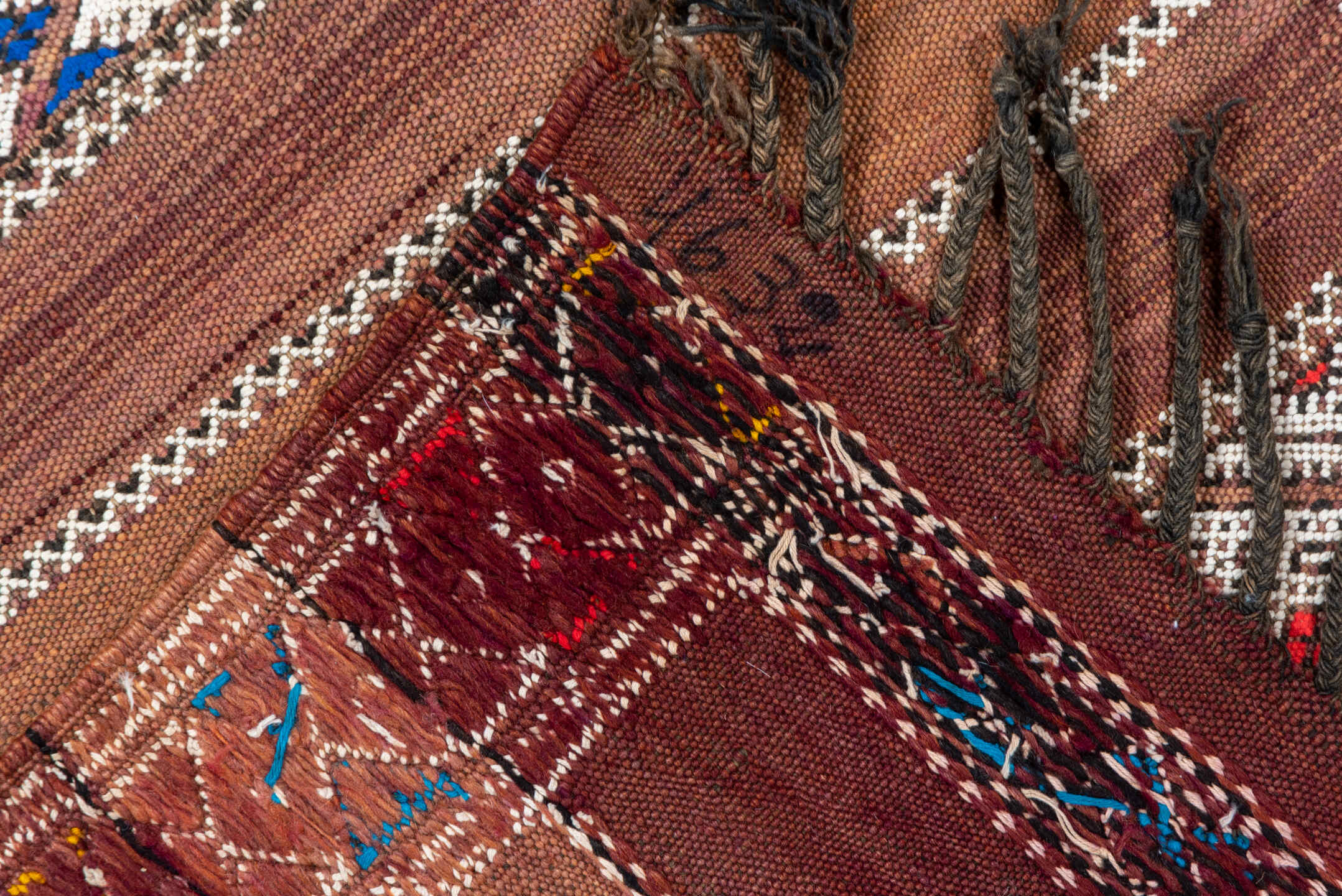 5' x 11' one-of-a-kind handmade vintage Kilim rug. Color palette: blue, brown, gray, light gray, off-white, pink