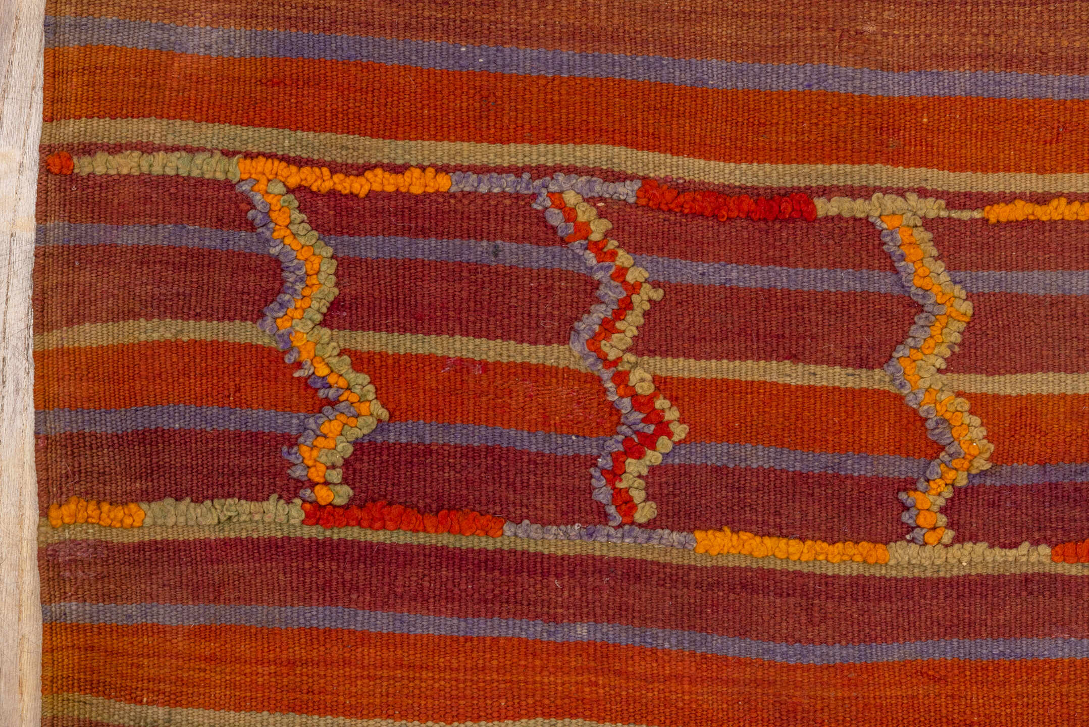 5' x 18' one-of-a-kind handmade antique Kilim rug. Color palette: rust, terra cotta, crimson, mauve, saffron, rose, taupe