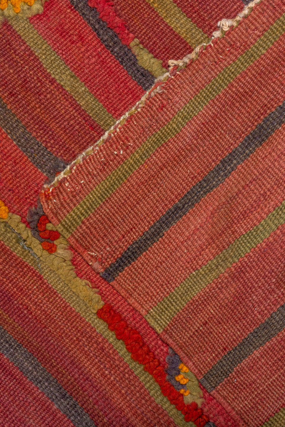 5' x 18' one-of-a-kind handmade antique Kilim rug. Color palette: rust, terra cotta, crimson, mauve, saffron, rose, taupe