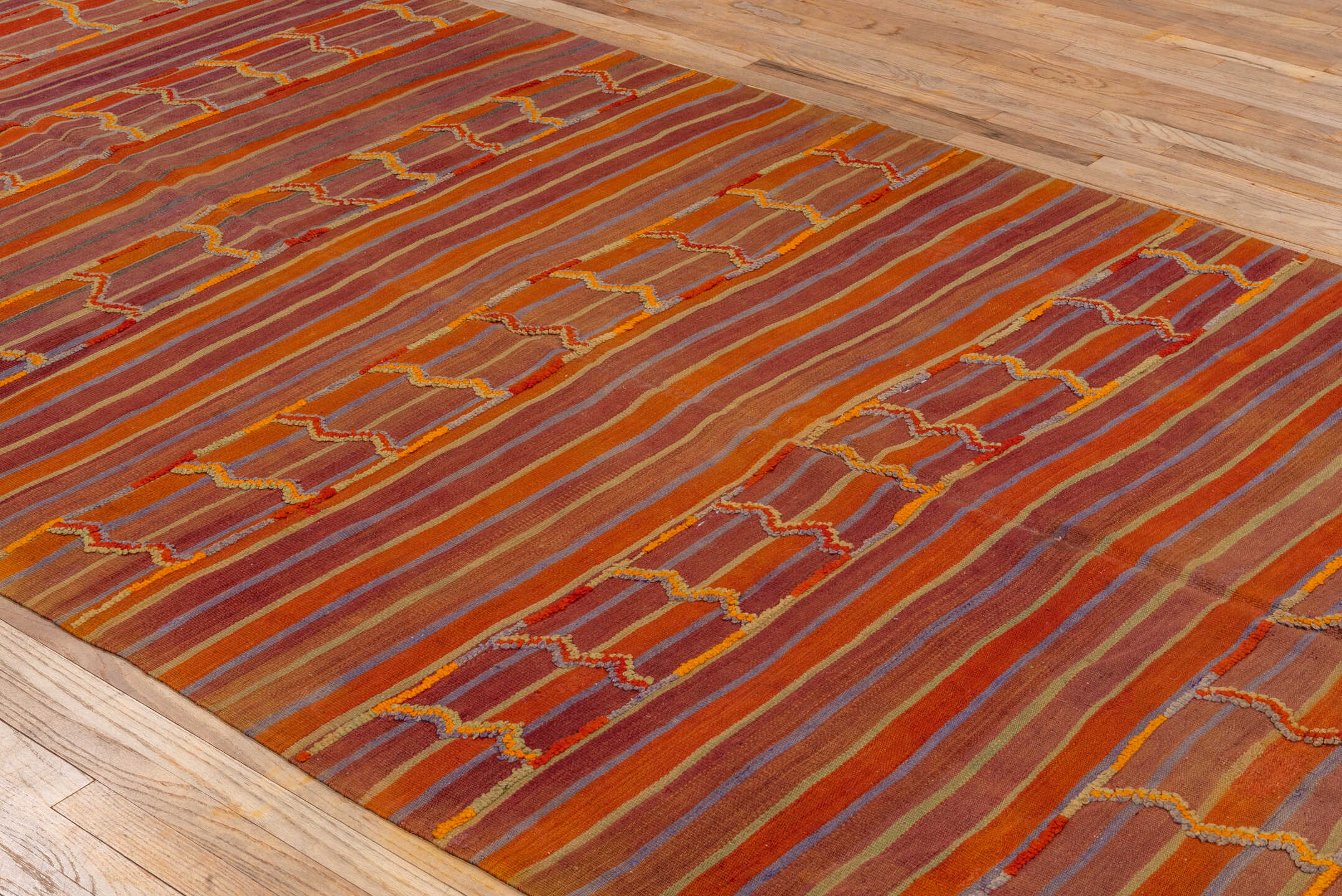 5' x 18' one-of-a-kind handmade antique Kilim rug. Color palette: rust, terra cotta, crimson, mauve, saffron, rose, taupe