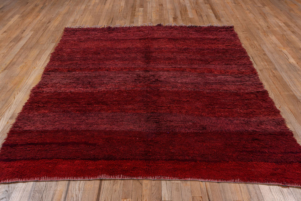 6' x 7' one-of-a-kind handmade vintage Moroccan rug. Color palette: burgundy, crimson, rose, mahogany, wine, red, pink